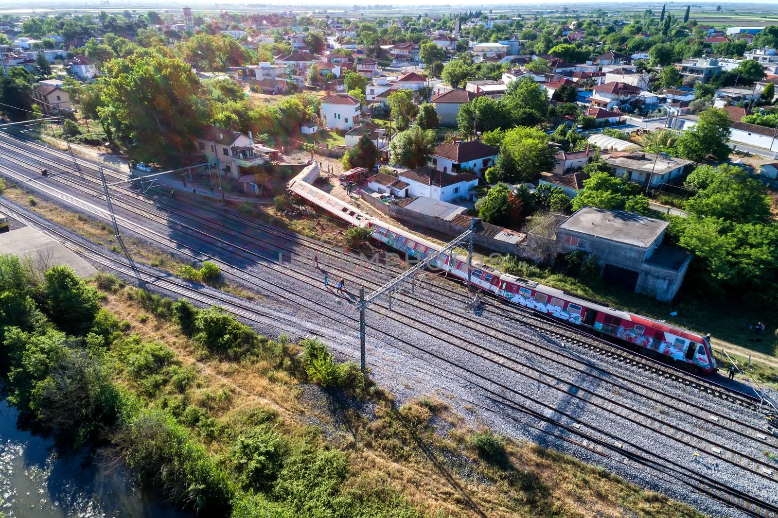 Thessaloniki, Greece - May 14, 2017: Train accident at Adendro, almost 40km west of Thessaloniki, with two confirmed dead among the passengers. The train crashed into a house after derailing.