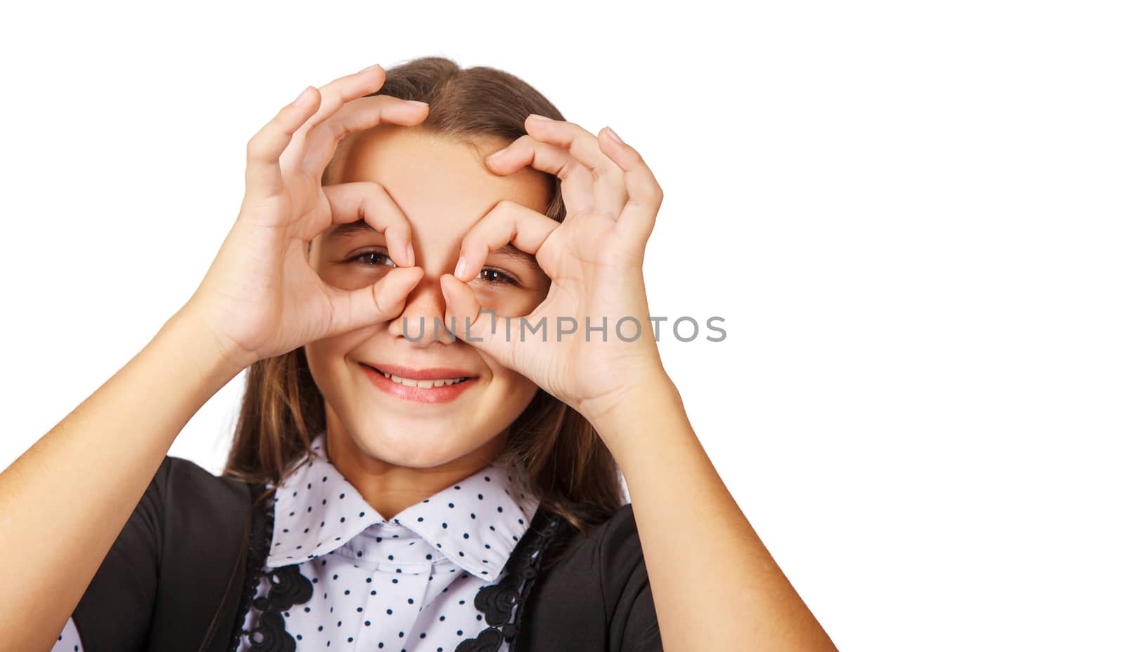 teen smiling brunette teen girl showing glasses with her fingers isolated on white
