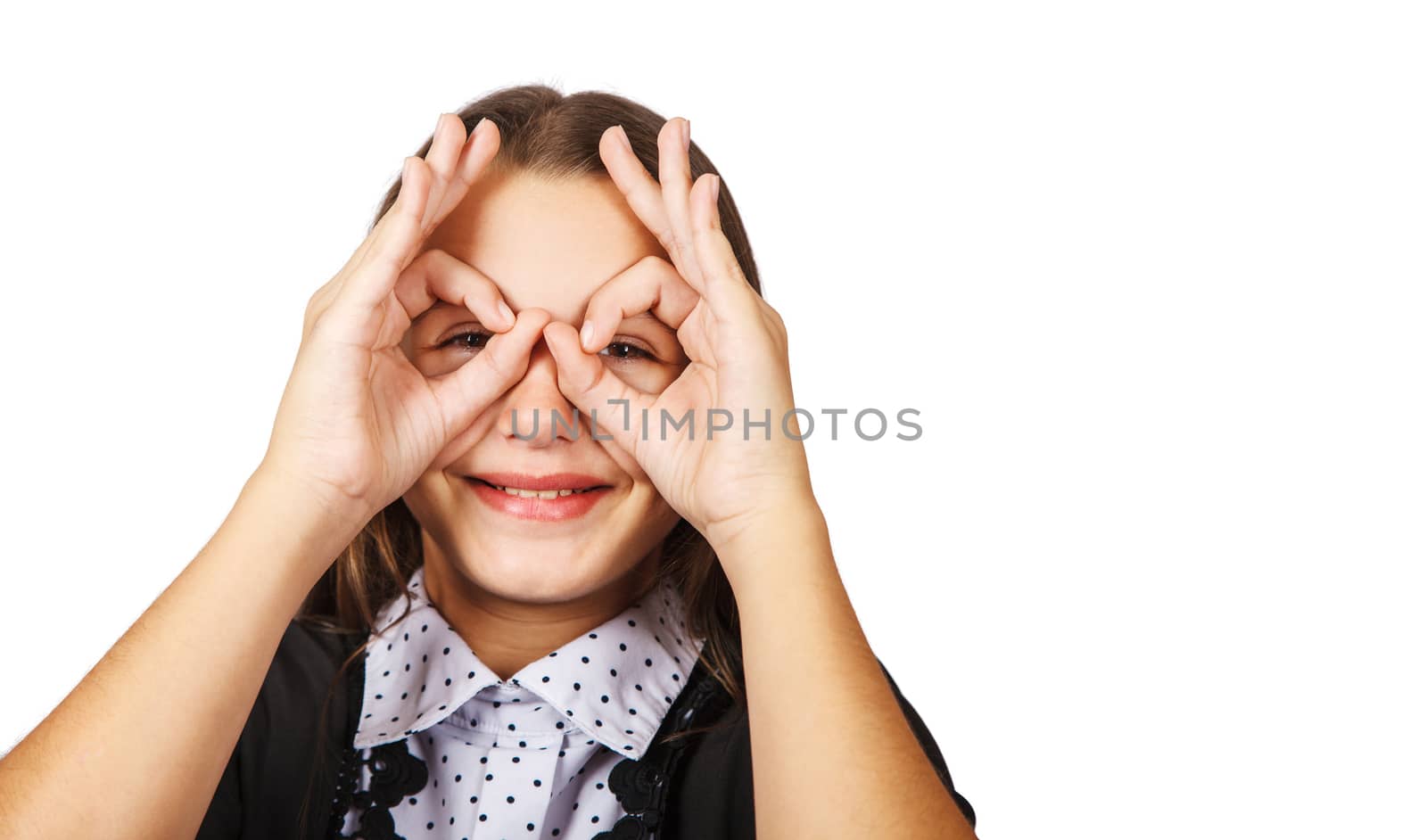 teen smiling brunette teen girl showing glasses with her fingers by raddnatt