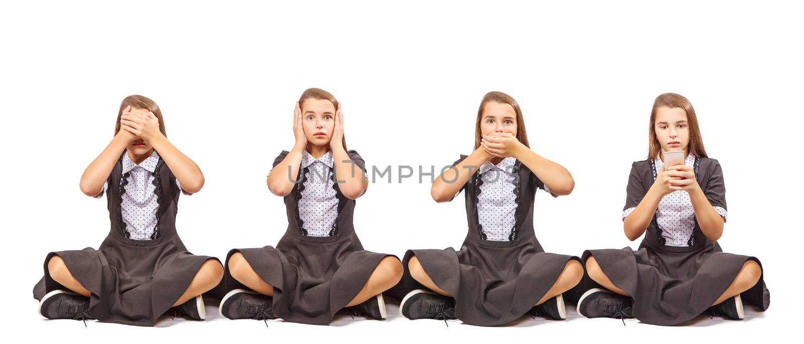 teenage girl personify a proverb not see not hear not speak on white background