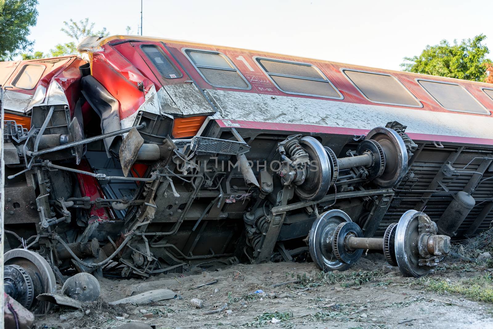 Thessaloniki, Greece - May 14, 2017: Train accident at Adendro, almost 40km west of Thessaloniki, with two confirmed dead among the passengers. The train crashed into a house after derailing.