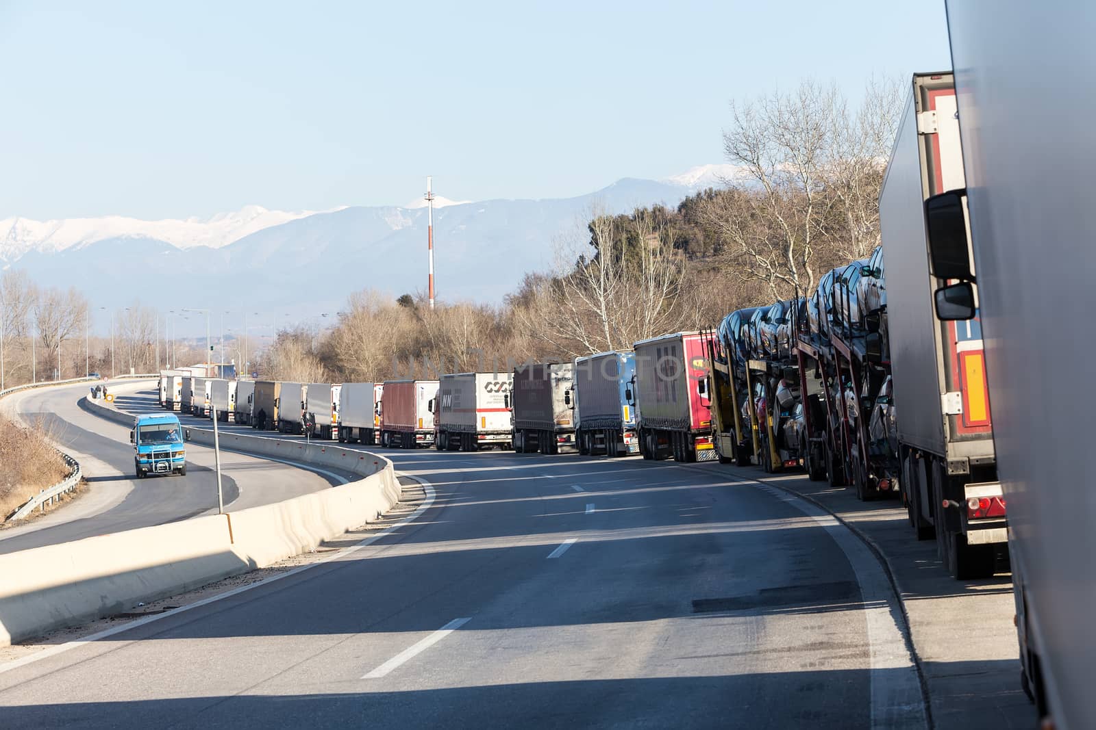 Promachonas, Greece - February 7, 2016 :International transport trucks are blocked  from the border crossing of Promachonas between Greece and Bulgaria, as farmers set up a blockade at customs offices.