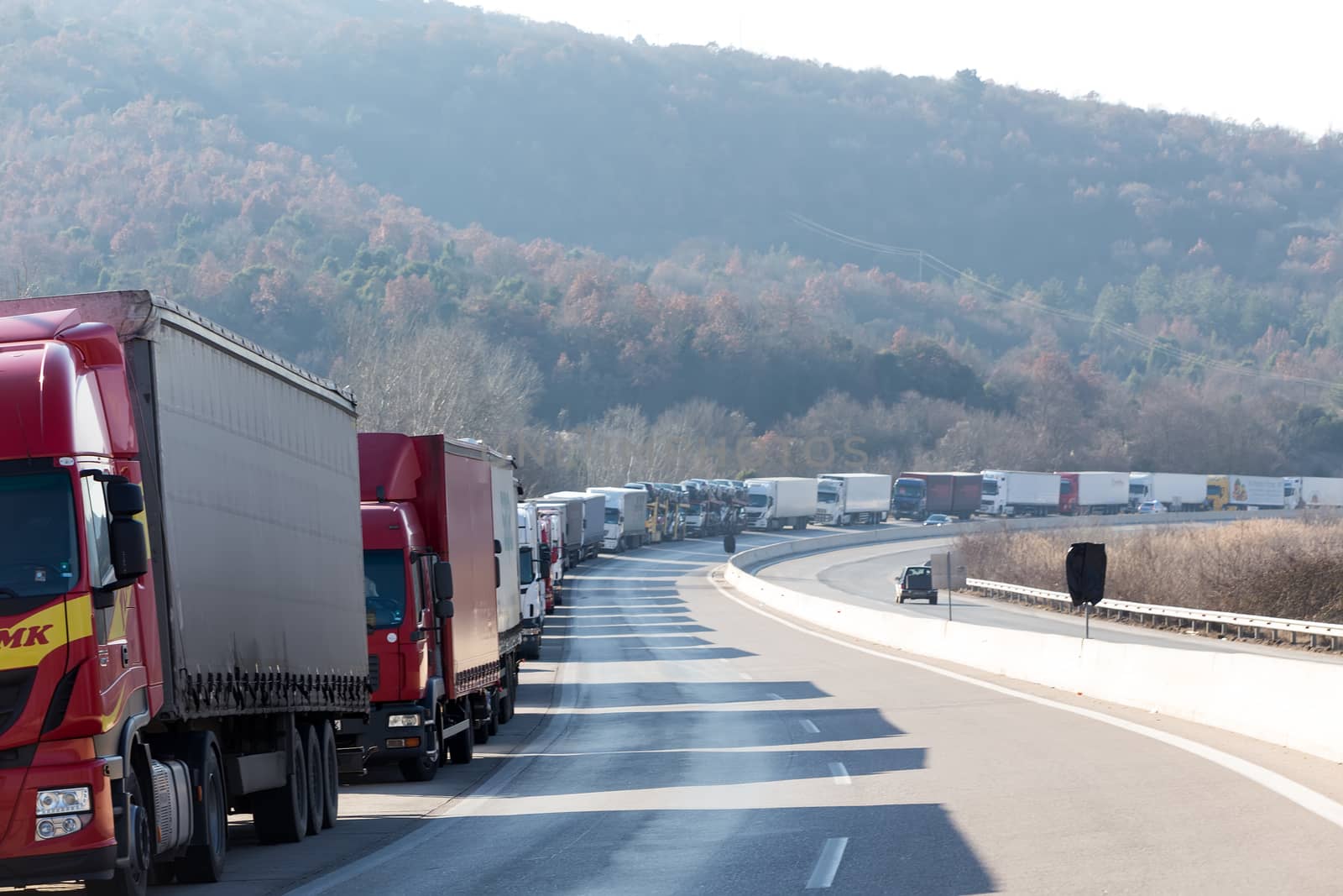 Promachonas, Greece - February 7, 2016 :International transport trucks are blocked  from the border crossing of Promachonas between Greece and Bulgaria, as farmers set up a blockade at customs offices.