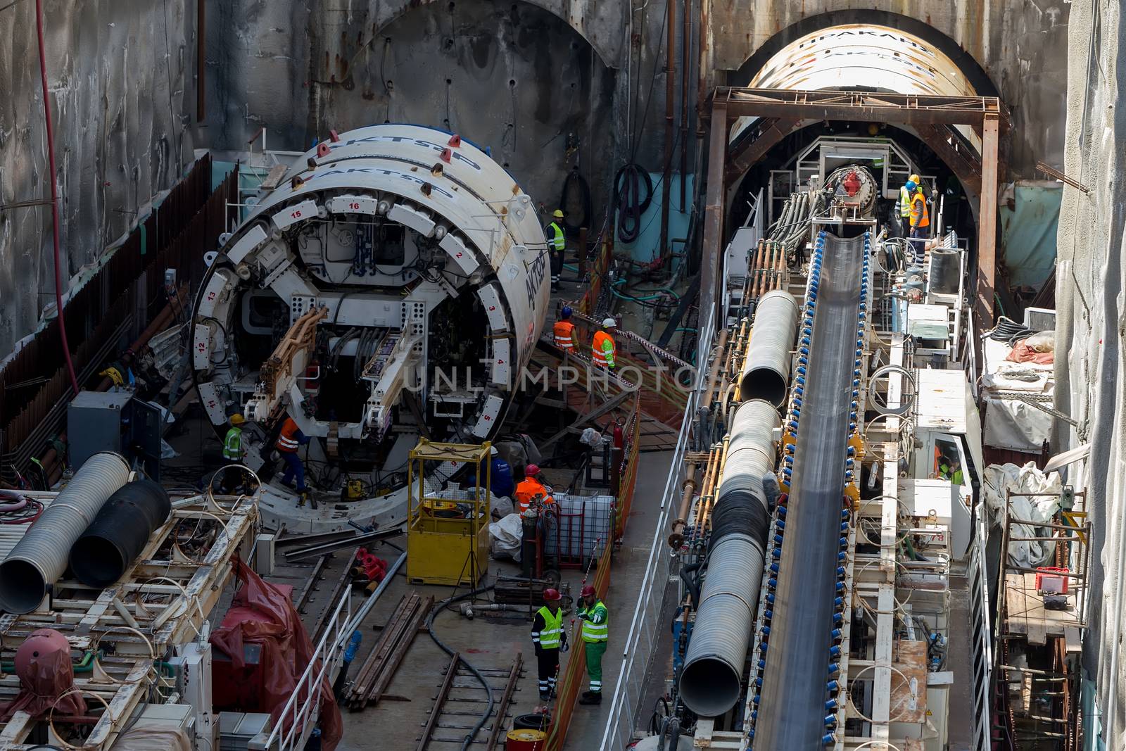 Thessaloniki, Greece - March 28, 2016: Tunnel Boring Machines at construction site of metro in Thessaloniki going back to work after four years