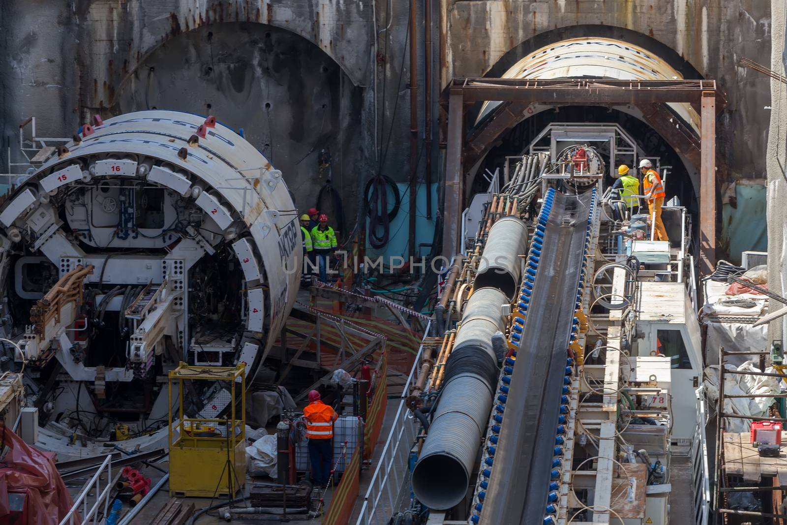 Thessaloniki, Greece - March 28, 2016: Tunnel Boring Machines at construction site of metro in Thessaloniki going back to work after four years