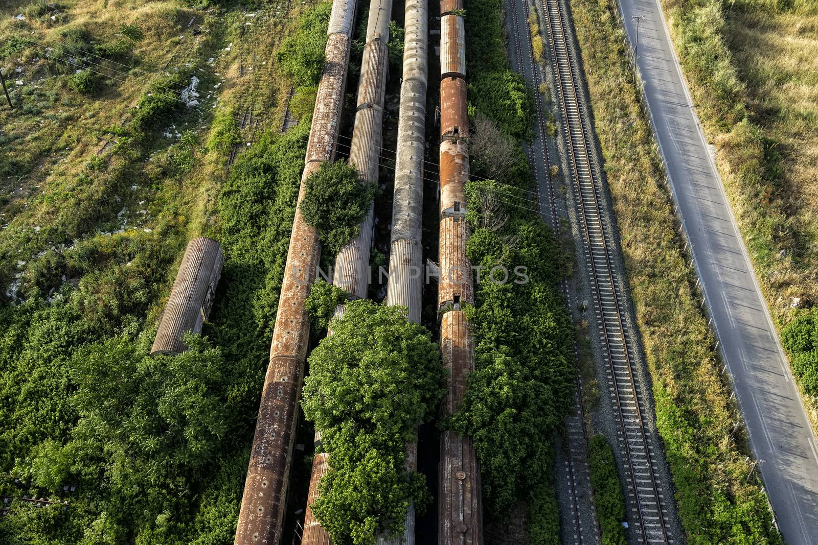Aerial view of cemetery trains in Nea Ionia, Thessaloniki