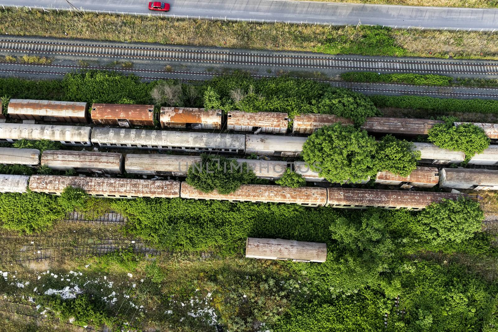 Aerial view of cemetery trains in Nea Ionia, Thessaloniki by ververidis