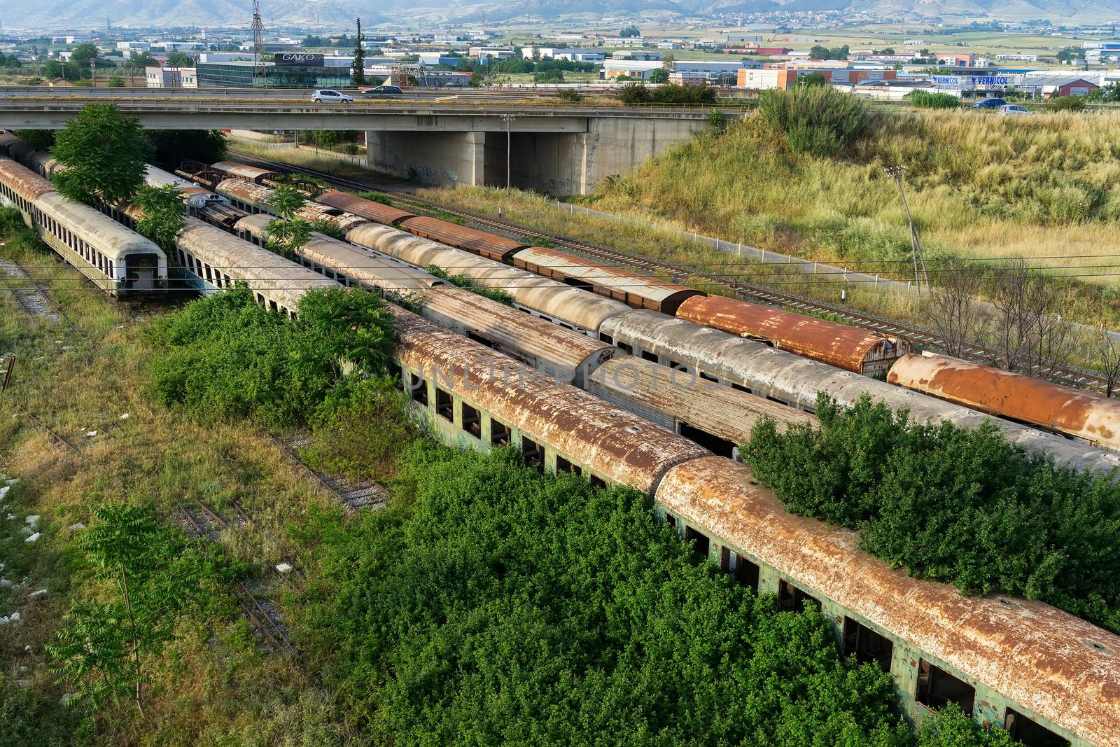 Aerial view of cemetery trains in Nea Ionia, Thessaloniki