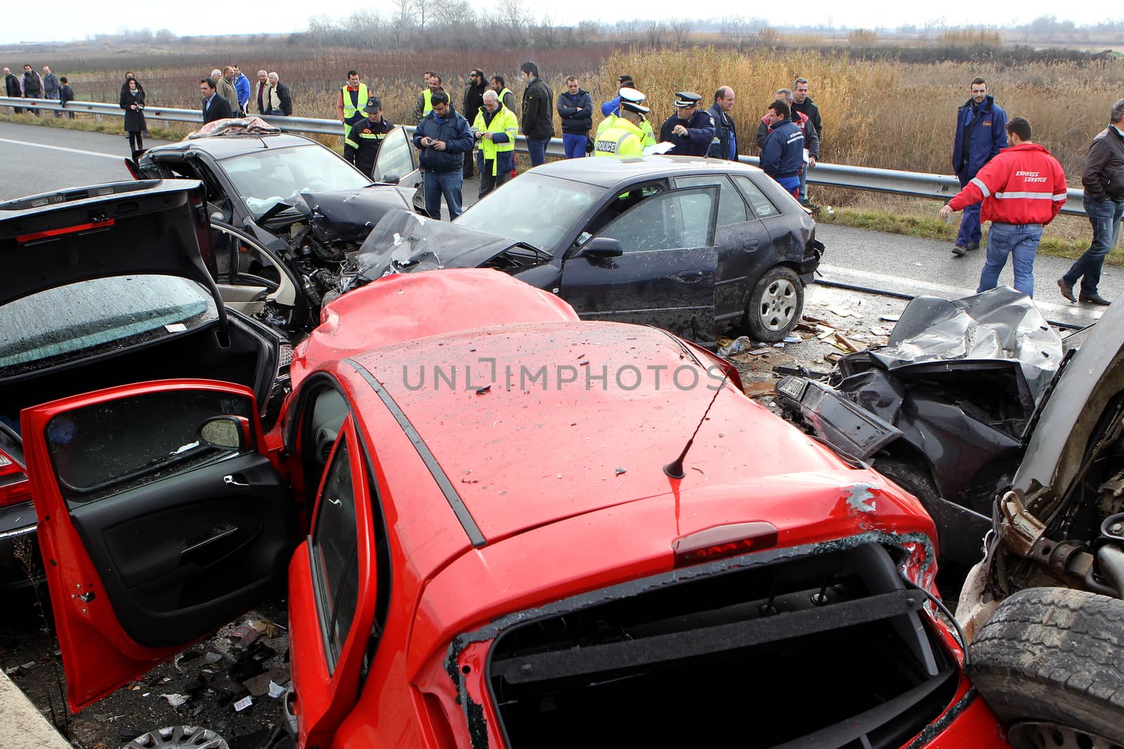 THESSALONIKI,GREECE - JAN,22: 28 vehicle pile-up on the Egnatia motorway in Kleidi after the crash that occurred early today due to fog on 22 January, 2013. One woman died and 26 others where injured