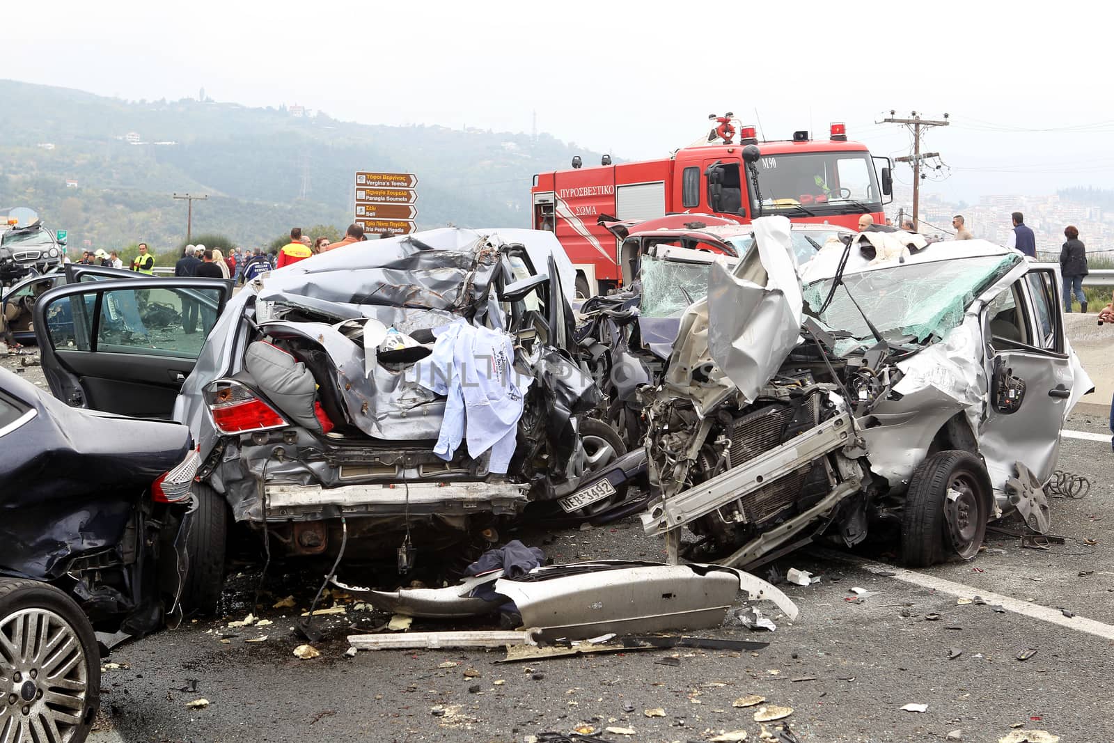 VERIA, GREECE - OCTOBER, 5, 2014:A large truck crashed into a number of cars and 4 people were killed and many were injured in a multi-vehicle collision that occurred on Egnatia Odos.