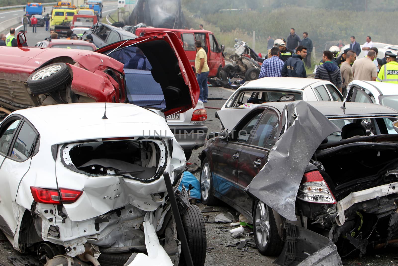 VERIA, GREECE - OCTOBER, 5, 2014:A large truck crashed into a number of cars and 4 people were killed and many were injured in a multi-vehicle collision that occurred on Egnatia Odos.