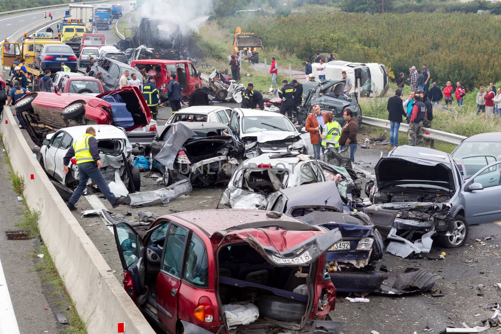 VERIA, GREECE - OCTOBER, 5, 2014:A large truck crashed into a number of cars and 4 people were killed and many were injured in a multi-vehicle collision that occurred on Egnatia Odos.