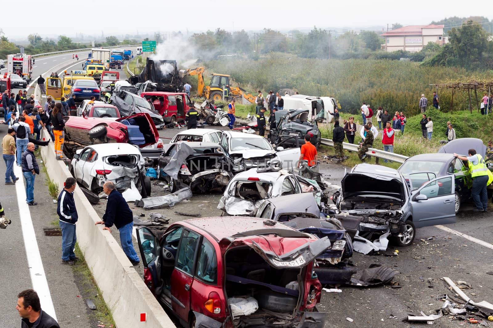 VERIA, GREECE - OCTOBER, 5, 2014:A large truck crashed into a number of cars and 4 people were killed and many were injured in a multi-vehicle collision that occurred on Egnatia Odos.