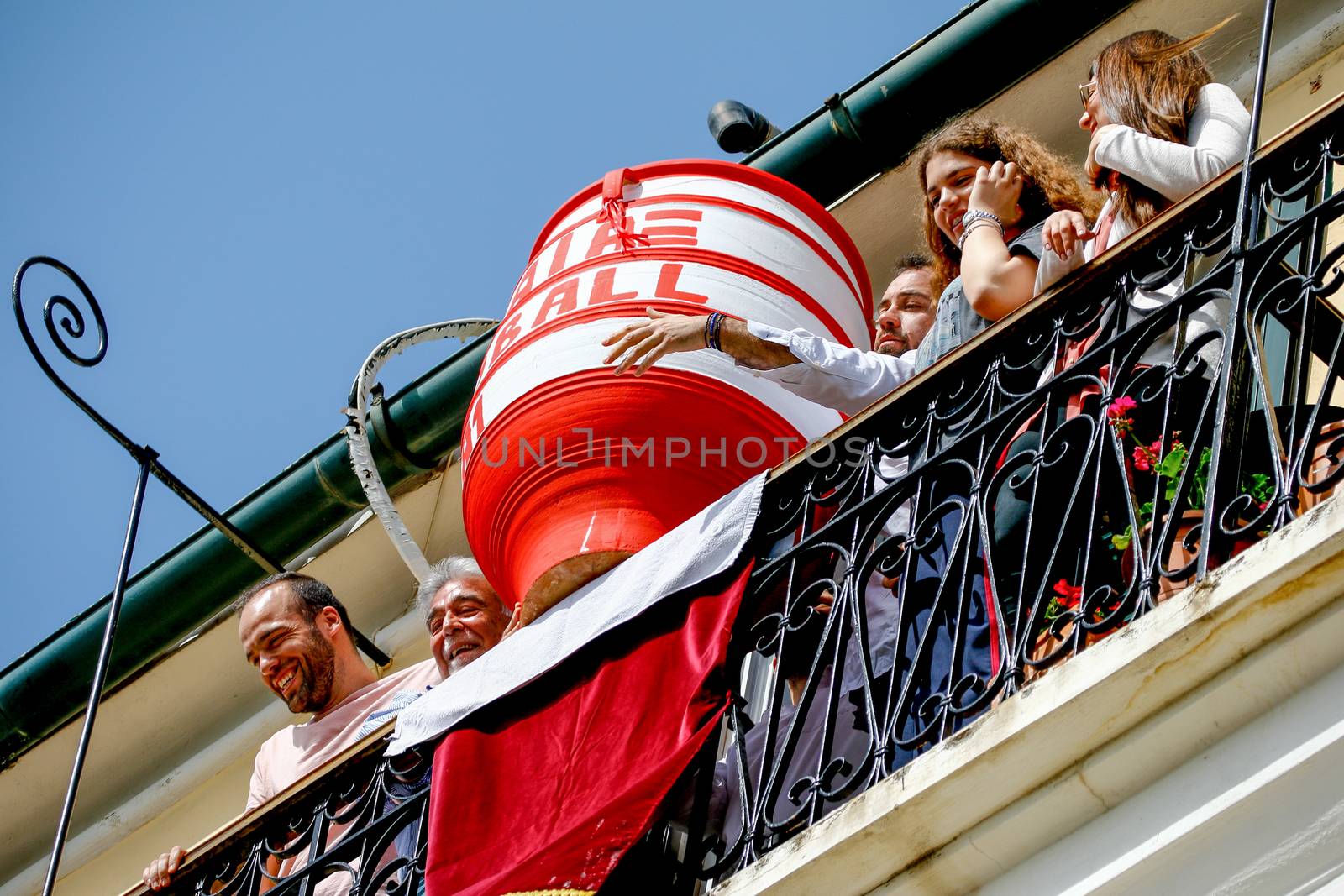 Corfu, Greece - April 27, 2019: Corfians throw clay pots from windows and balconies on Holy Saturday to celebrate the Resurrection of Christ