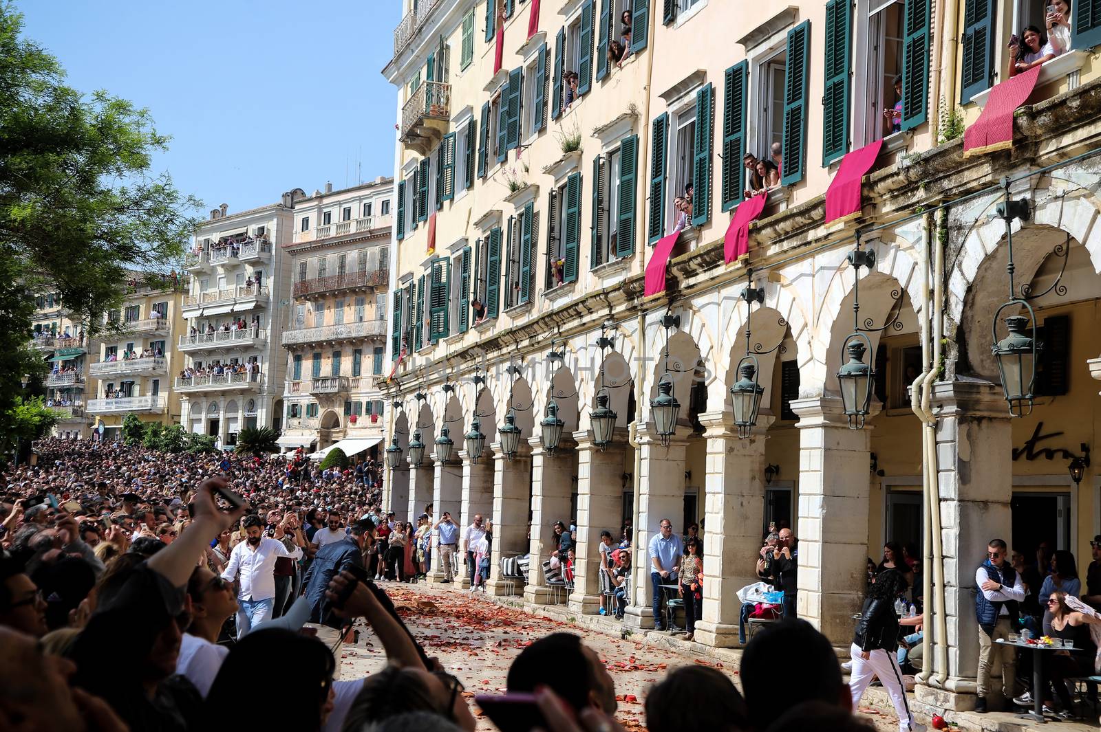 Corfu, Greece - April 27, 2019: Corfians throw clay pots from windows and balconies on Holy Saturday to celebrate the Resurrection of Christ