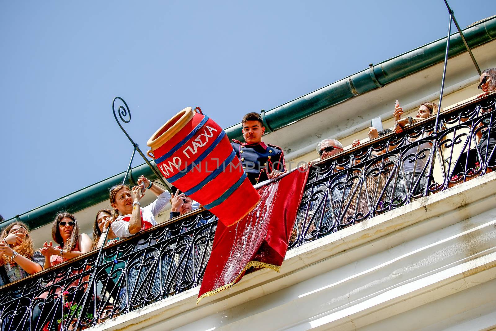 Corfu, Greece - April 27, 2019: Corfians throw clay pots from windows and balconies on Holy Saturday to celebrate the Resurrection of Christ