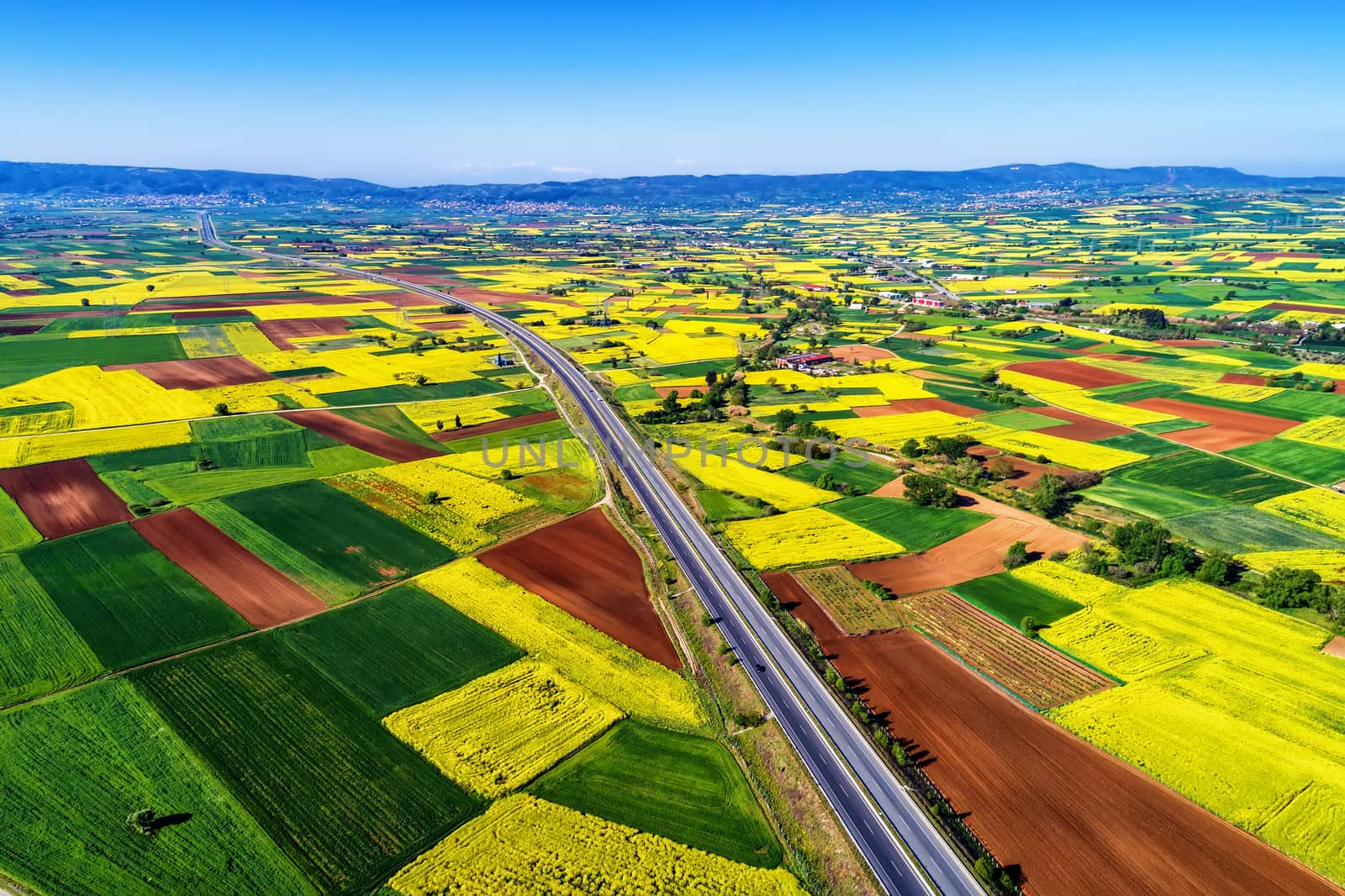 Aerial view of road passing through a rural landscape with bloom by ververidis