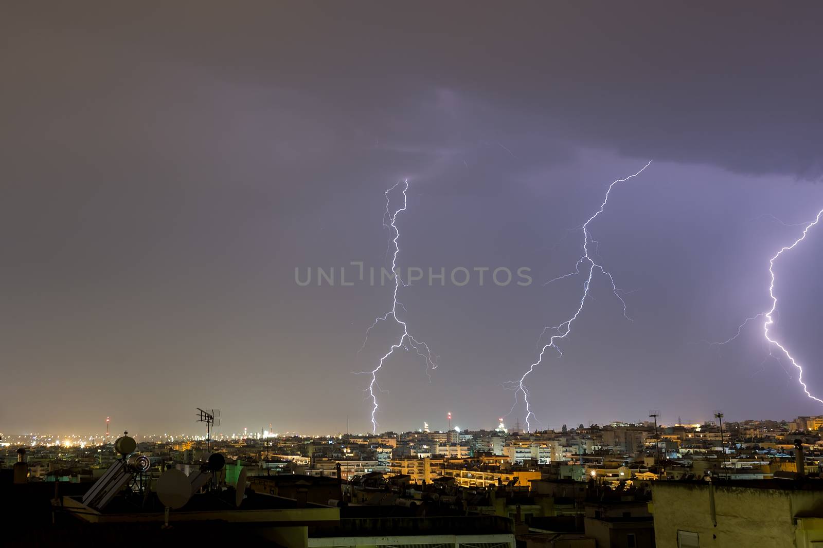 Lightning storm strikes the city of Thessaloniki, Greece