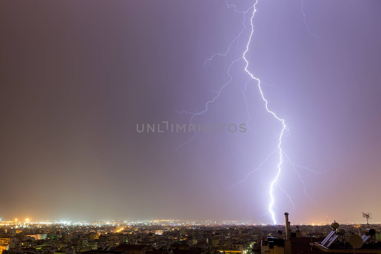 Lightning storm strikes the city of Thessaloniki, Greece