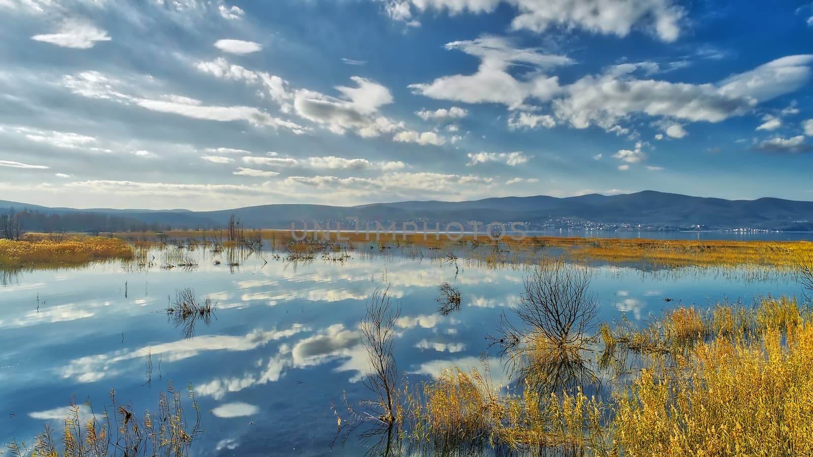 reflection of clouds at the wetland of Lake Doriani on a winter  by ververidis