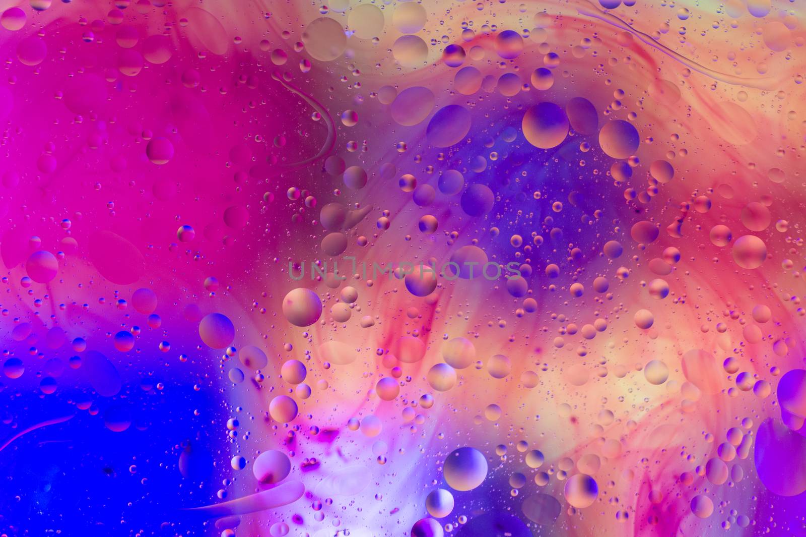 The purple abstract composition with oil drops in water. 