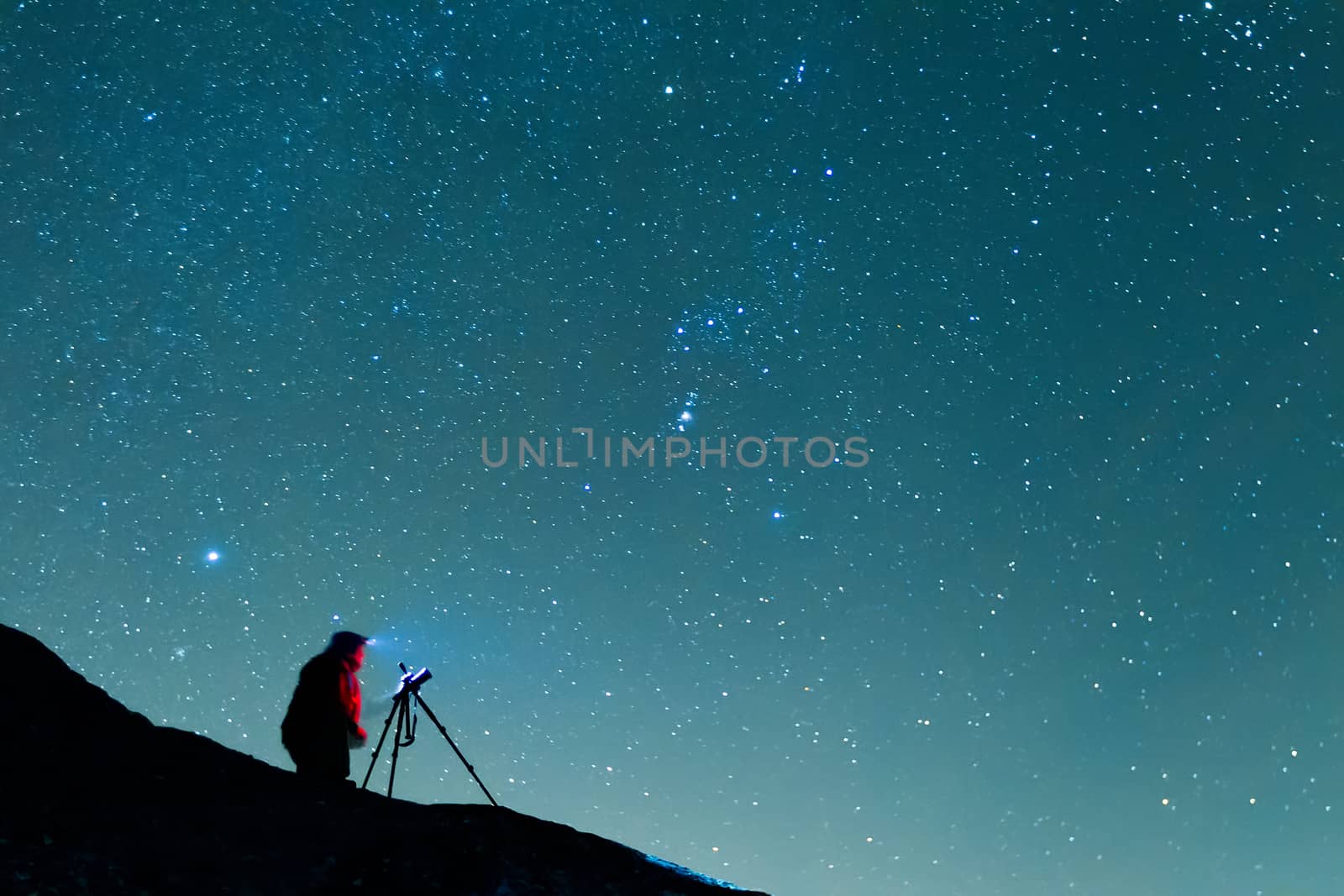 photographer shooting the starry sky seen from Meteora, Greece