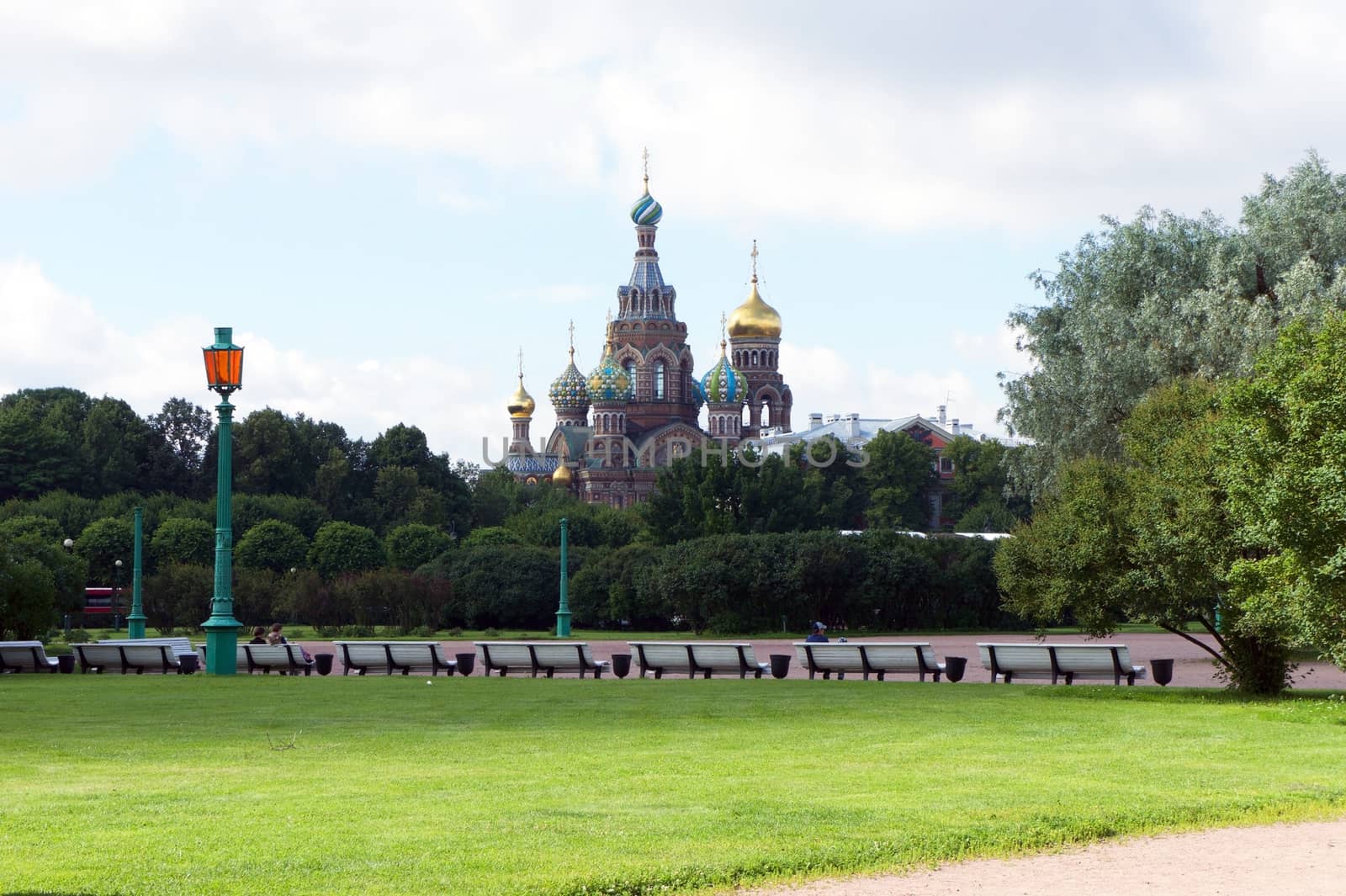 Field of Mars Park and Spilled Blood Cathedral in St. Petersburg, Russia