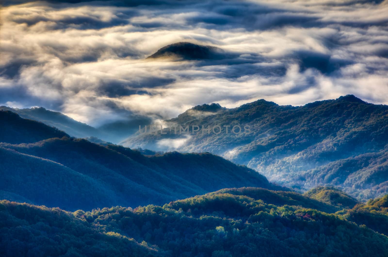 Panoramic view of mountains, autumn landscape with foggy hills at sunrise. Rhodope Mountains. Xanthi Thrace, Greece