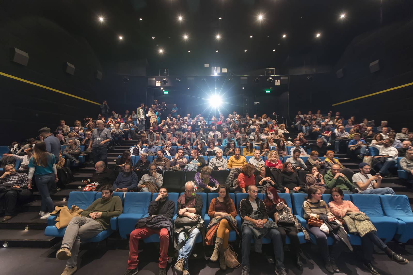 Thessaloniki, Greece - November 6, 2017: Spectators watching in the cinema during the 58th international Thessaloniki Film Festival at Jonh Cassavetes Cinema