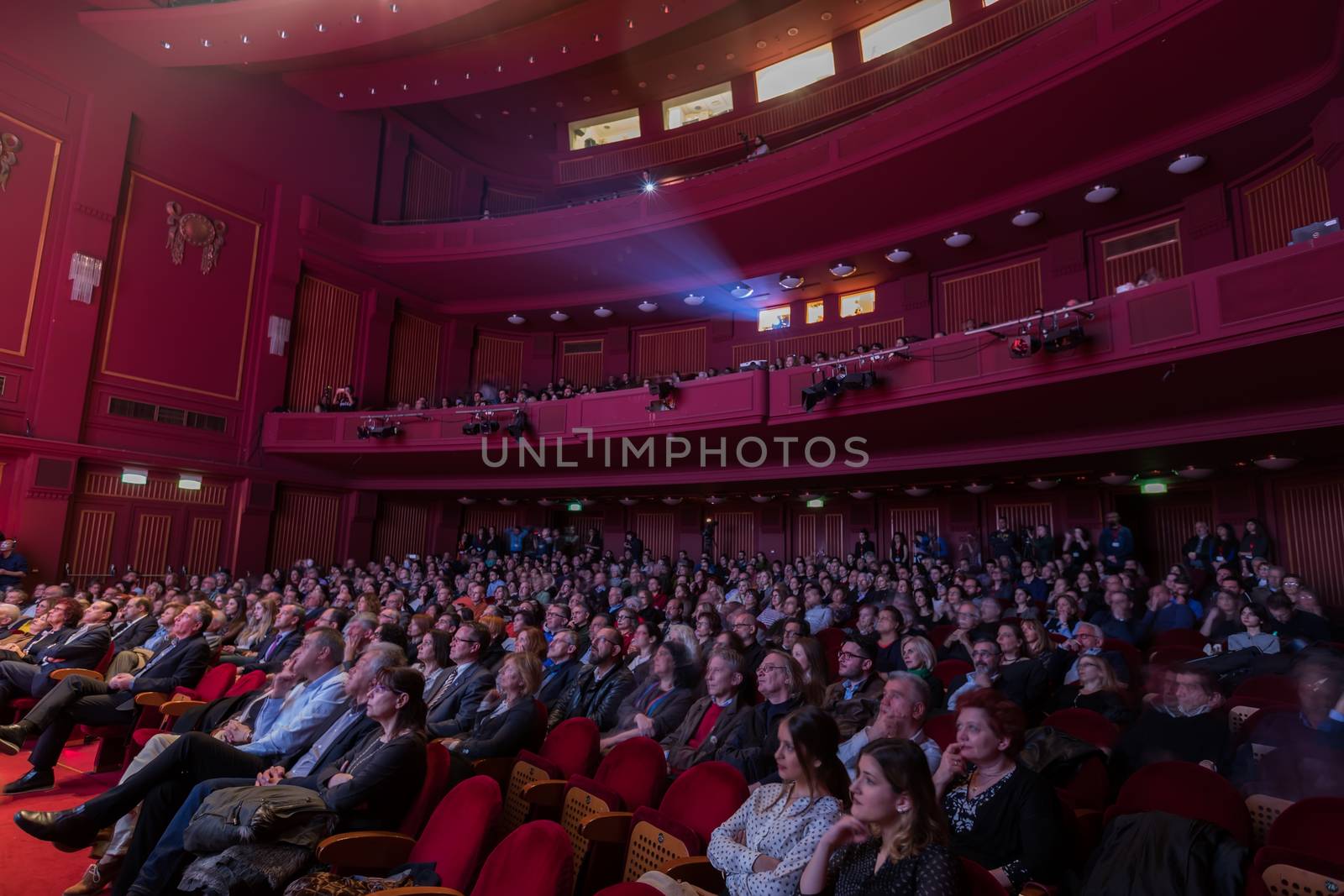 Thessaloniki, Greece - March 3, 2017: Spectators watching in the cinema during the 19th international Thessaloniki Documentary Festival at Olympion Cinema