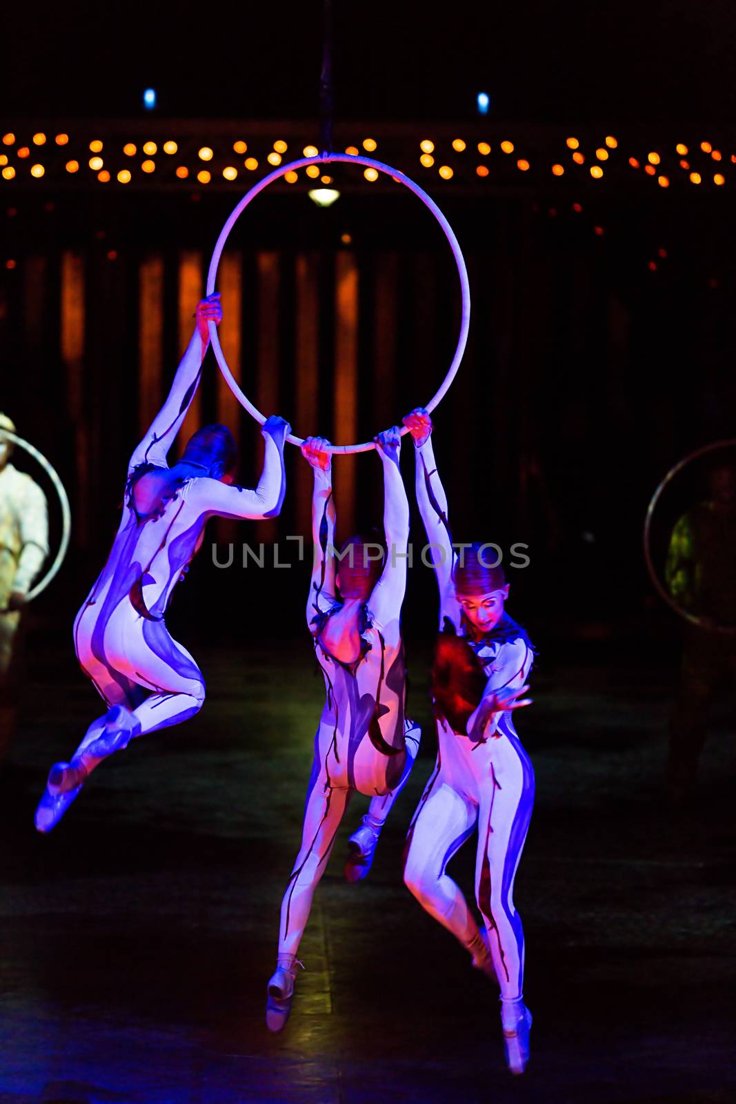 THESSALONIKI, GREECE - OCTOBER, 1, 2014: Performers skipping Rope at Cirque du Soleil's show 'Quidam'