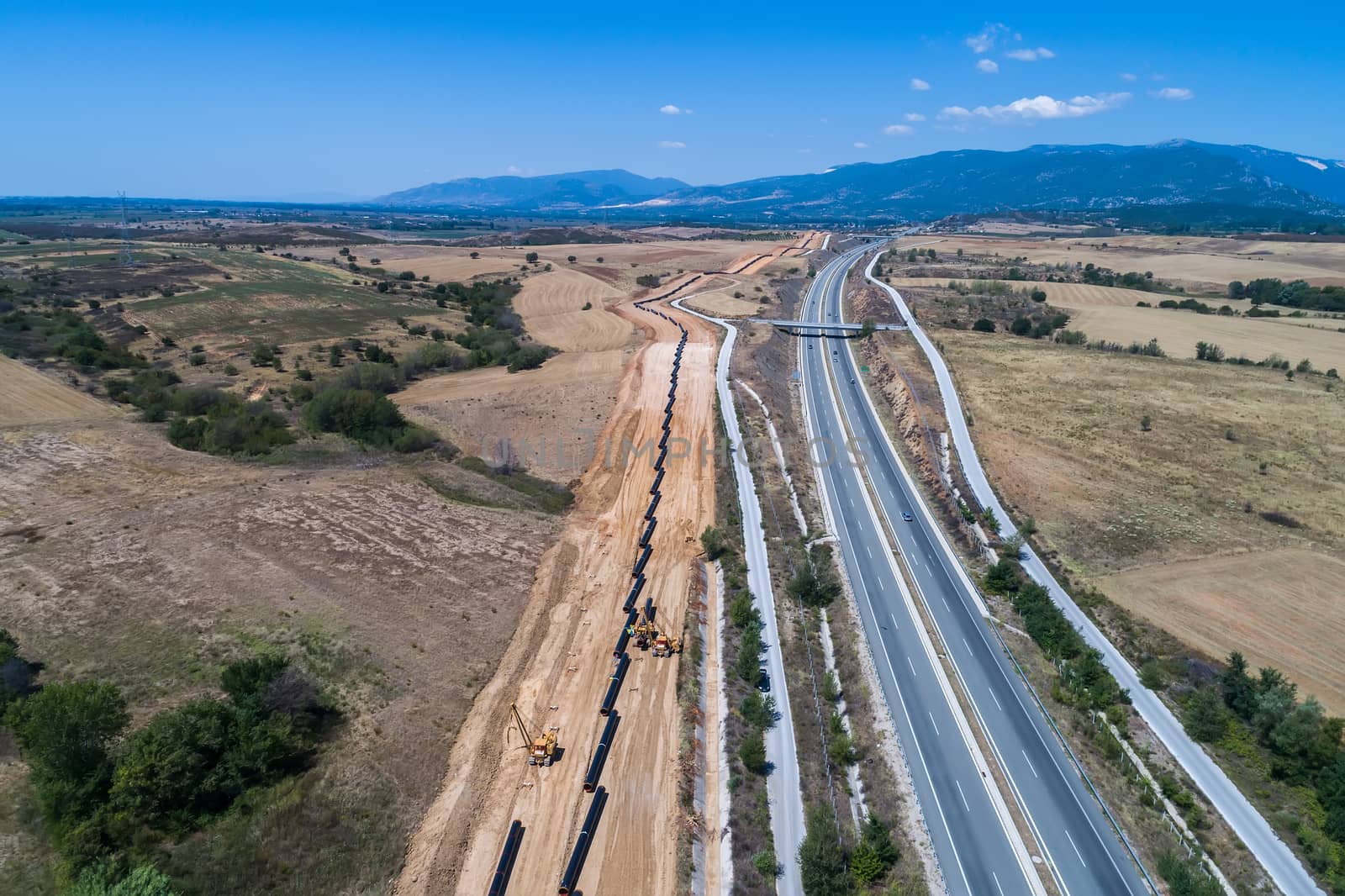 aerial view of construction of gas pipeline Trans Adriatic Pipeline - TAP in north Greece. The pipeline starts from the Caspian sea and reaches the coast of southern Italy