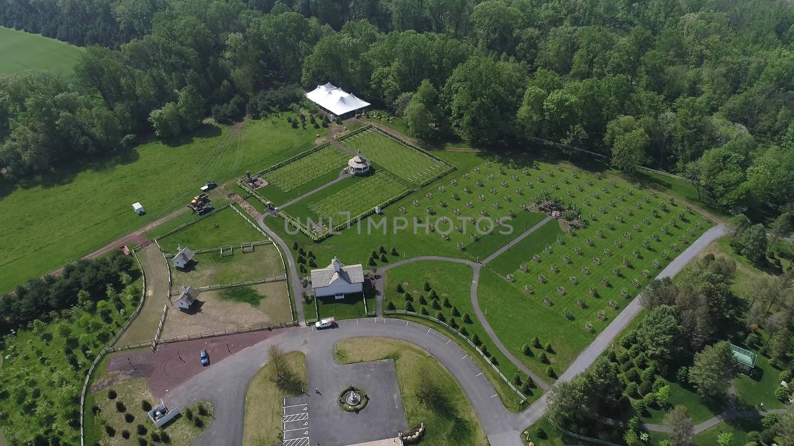 Aerial View of Old Restored Barns on a Spring Day
