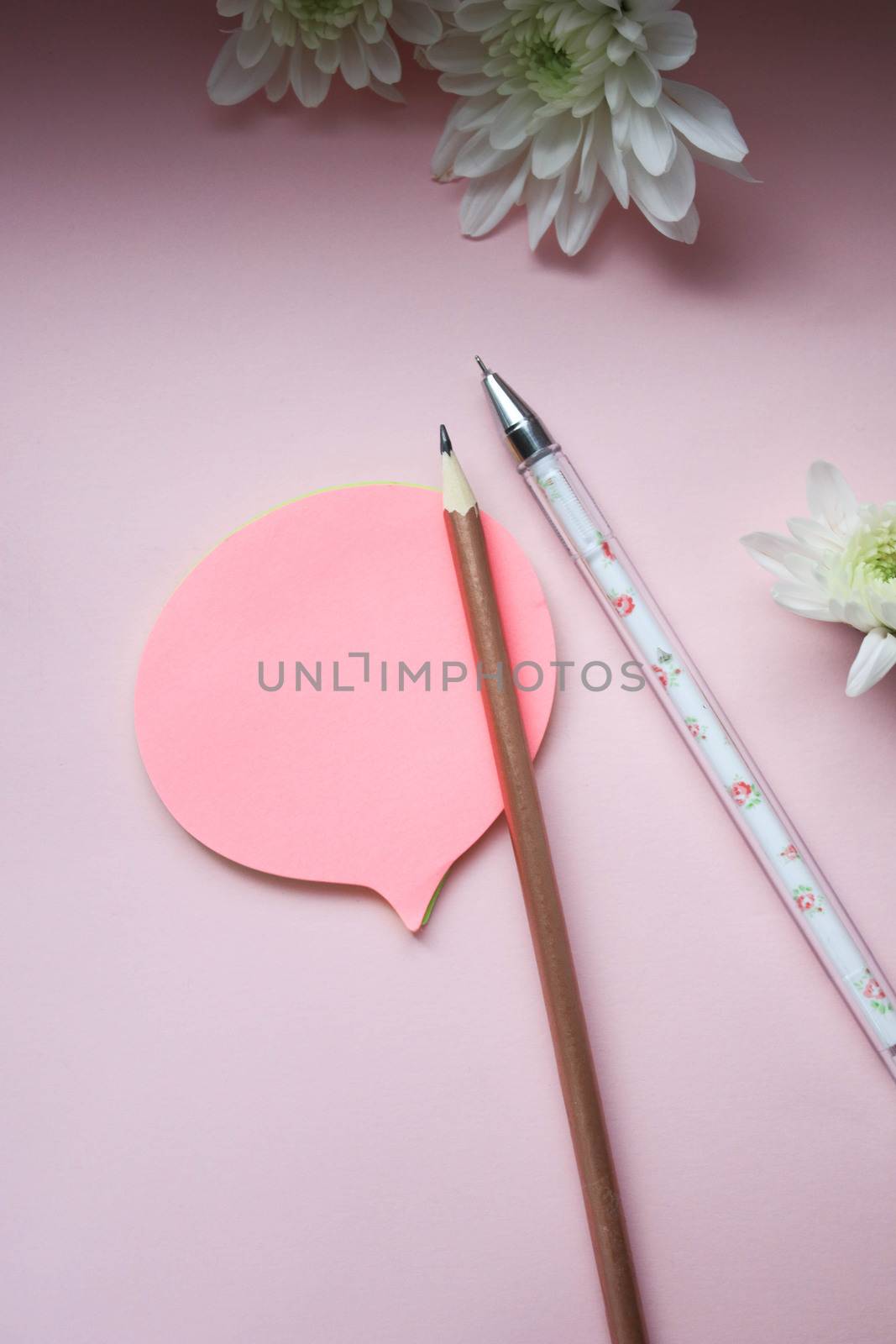 Pink stickers with a simple pencil and pen, on top are chrysanthemum flowers. The handle is white on the outside with pink patterns