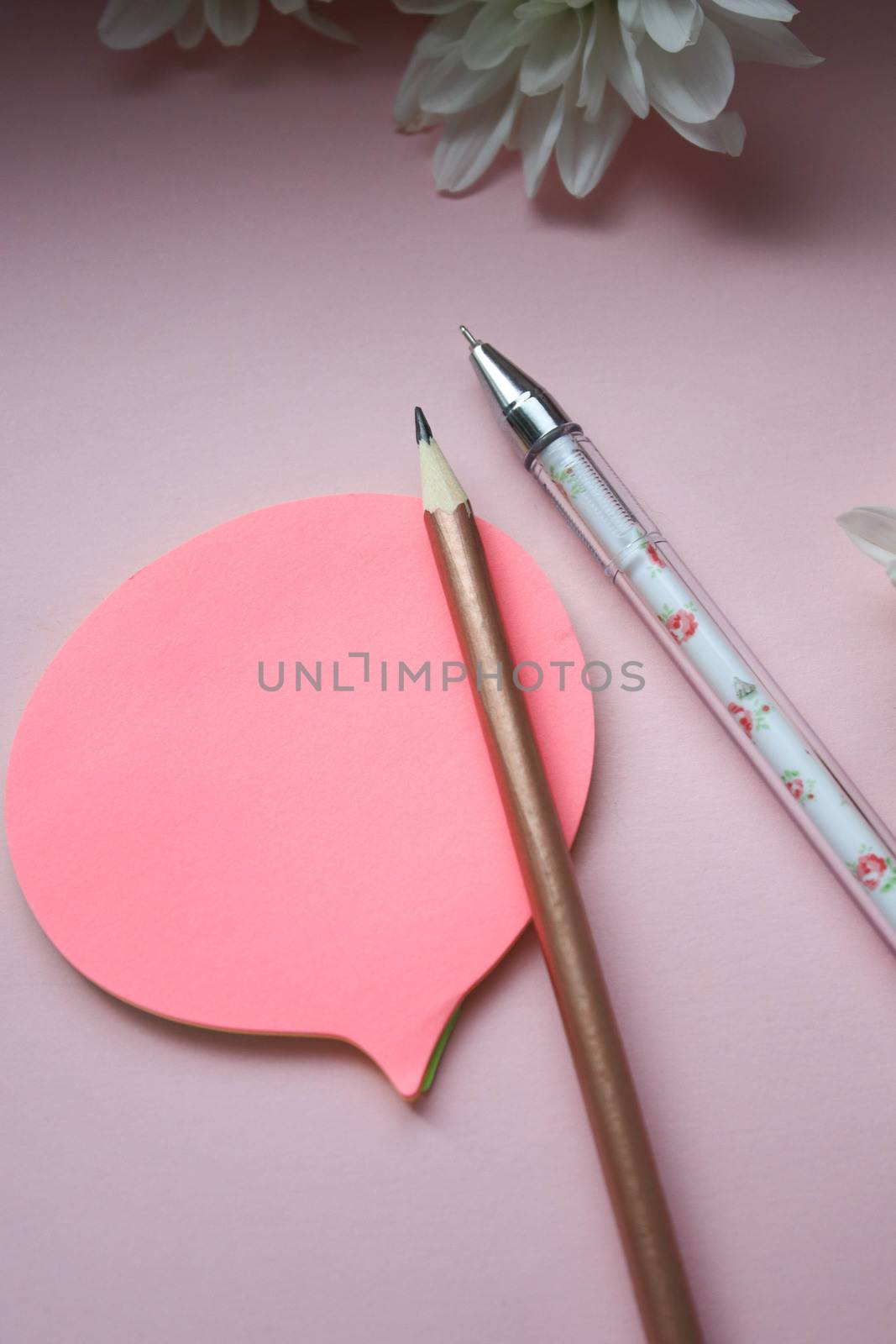 Pink stickers with a simple pencil and pen, on top are chrysanthemum flowers. The handle is white on the outside with pink patterns