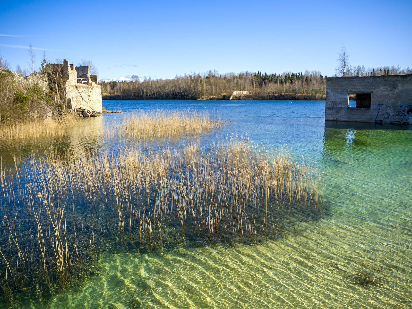 Abstract Water surface of a lake. Abandoned Quarry Of Rummu, Estonia. Panoramic View. Copy space. Quarry Of Rummu. Estonia