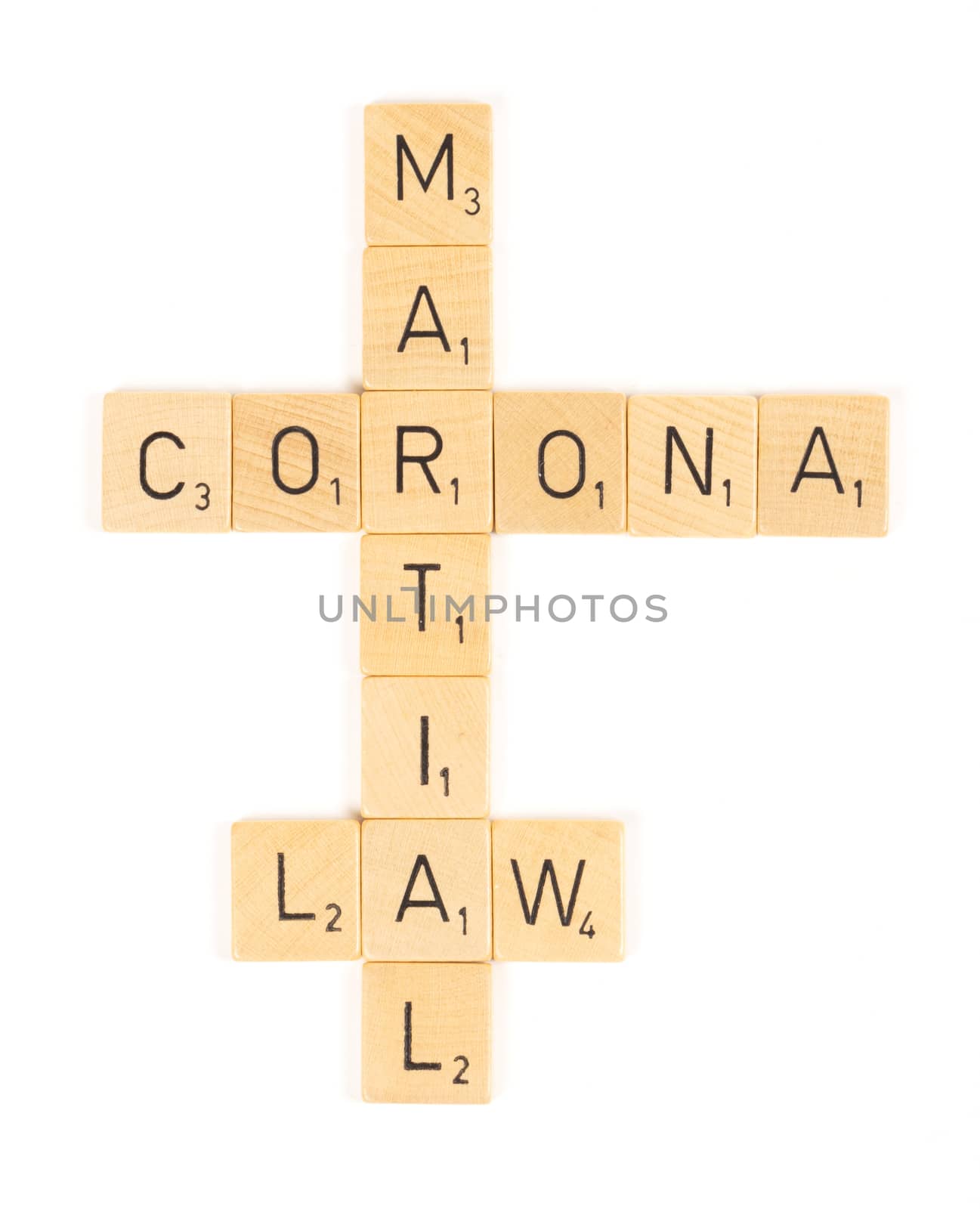Corona martial law scrable letters, isolated on a white background