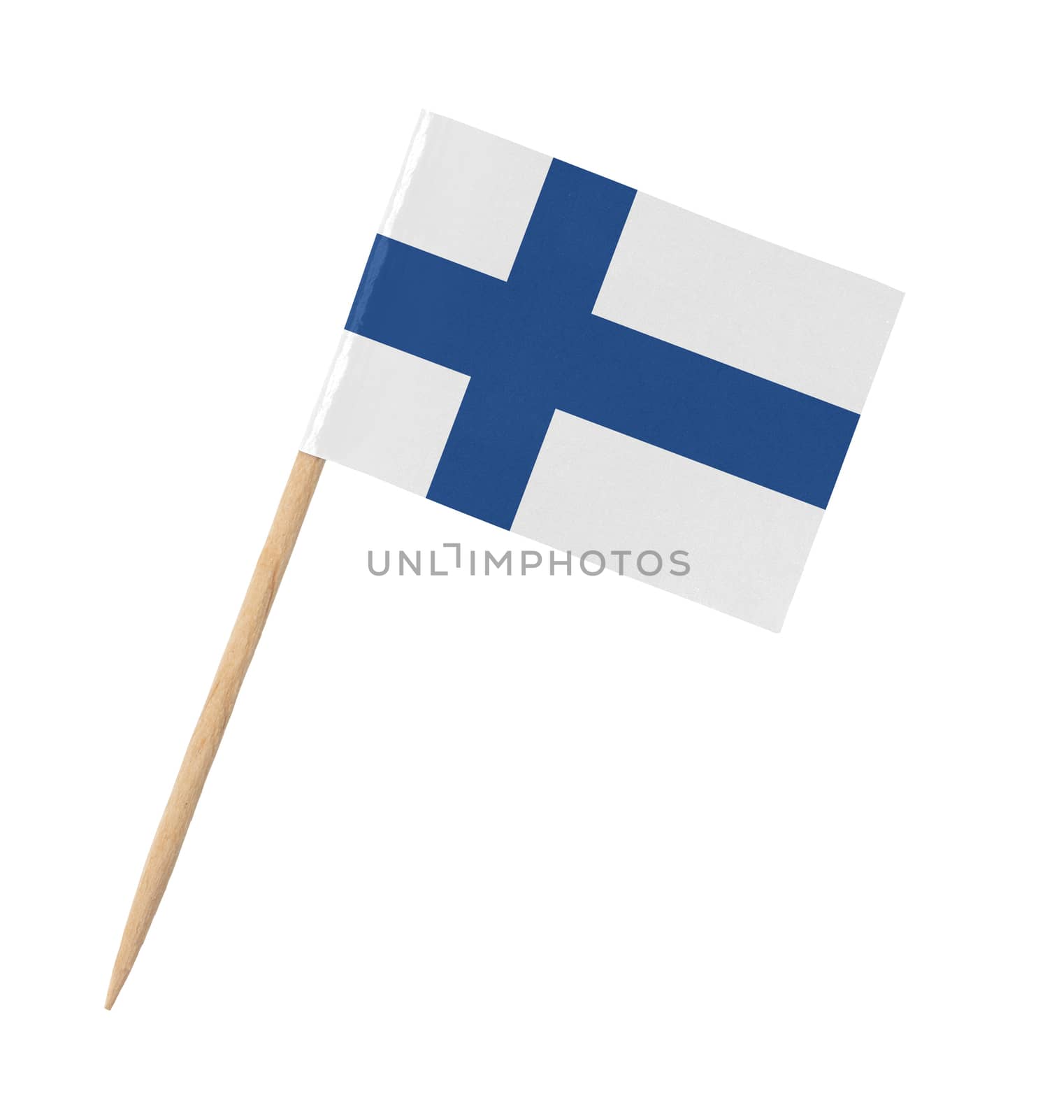 Small paper flag of Finland on wooden stick, isolated on white