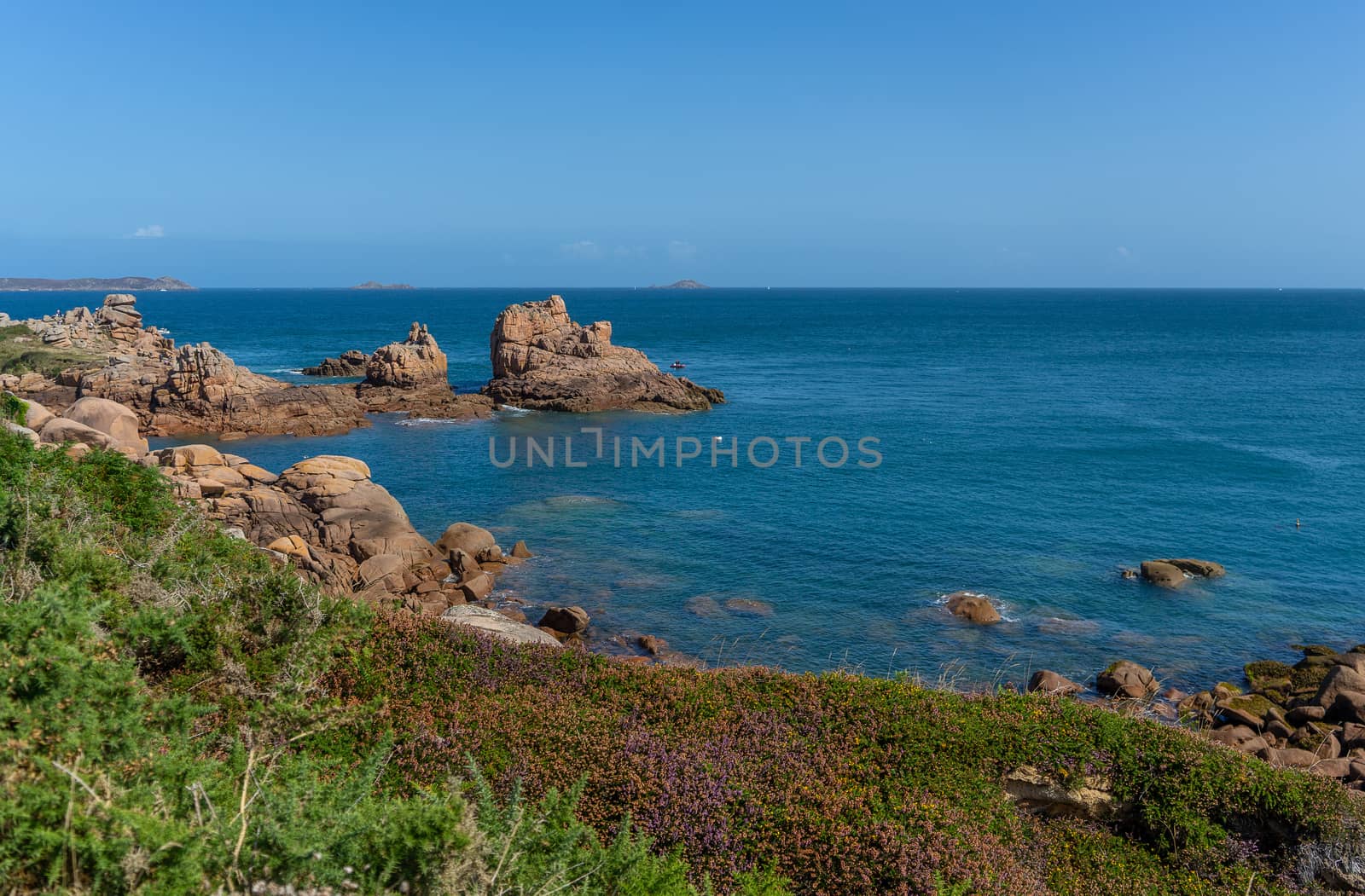 Rose granit sea shore in Britanny travel and hiking