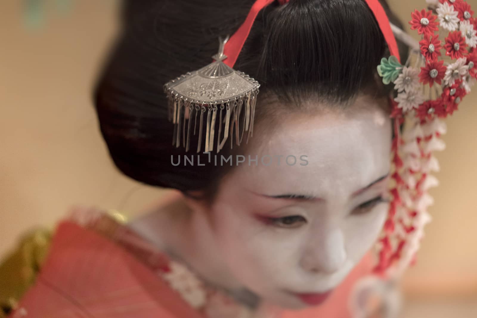 Japanese Maiko or geisha in red kimono coifed hair brooch by kuremo