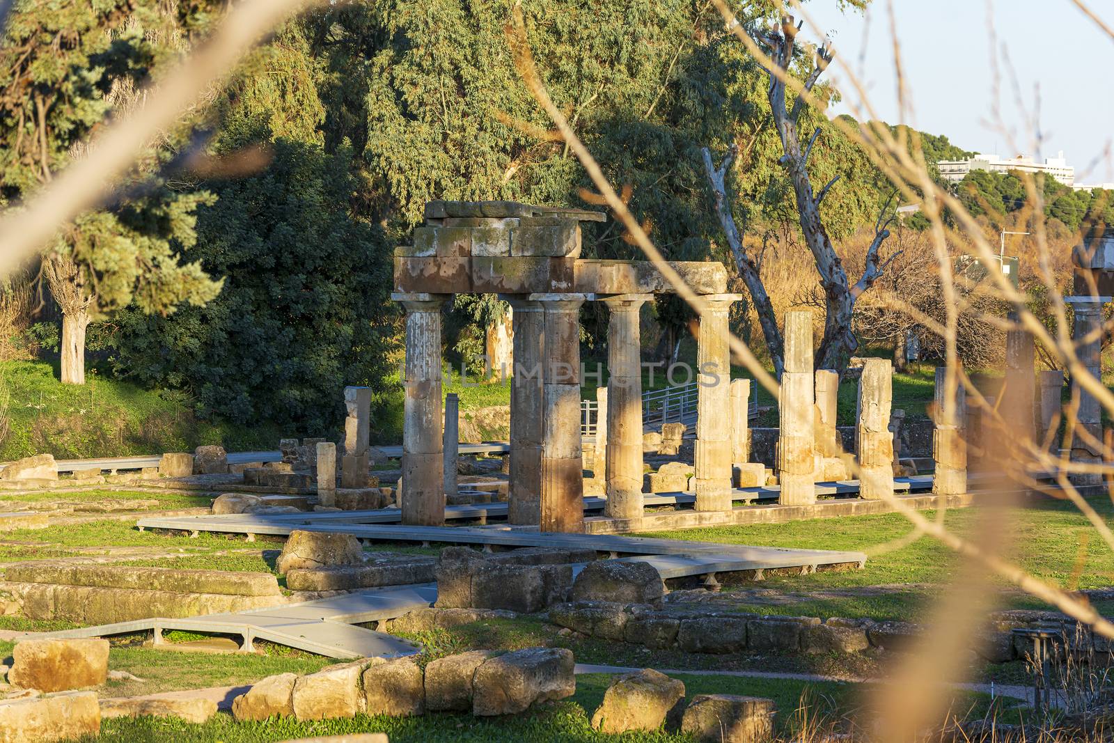 Temple of Artemis in archaeological site of Brauron, Attica, Greece. Afternoon time.