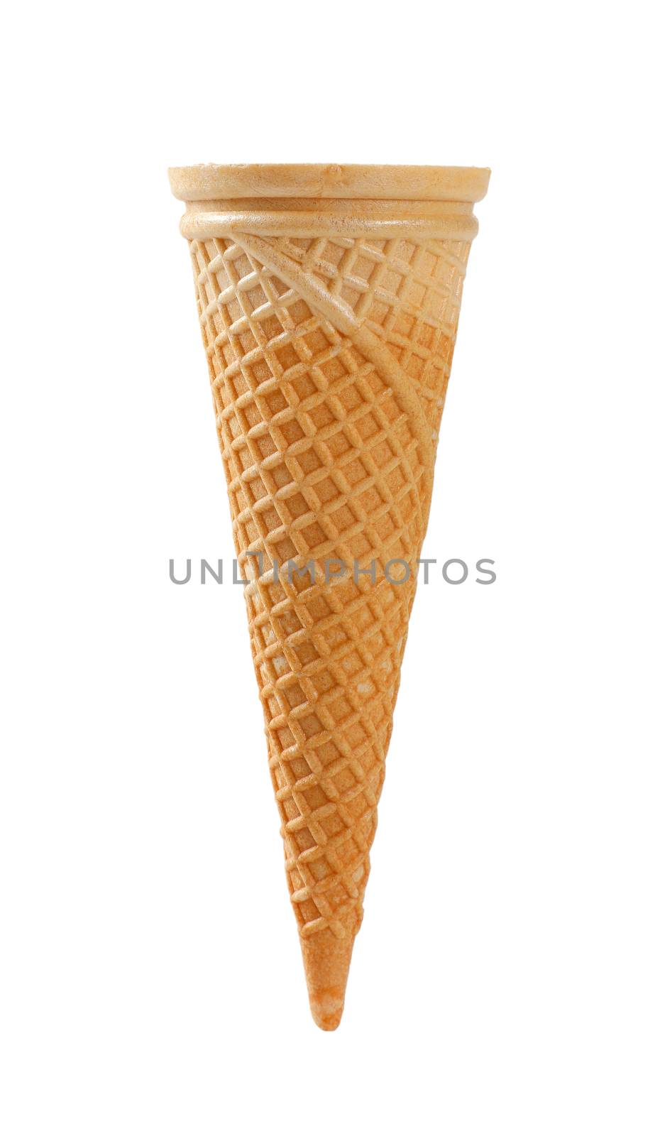 Empty wafer style ice cream cone isolated on white