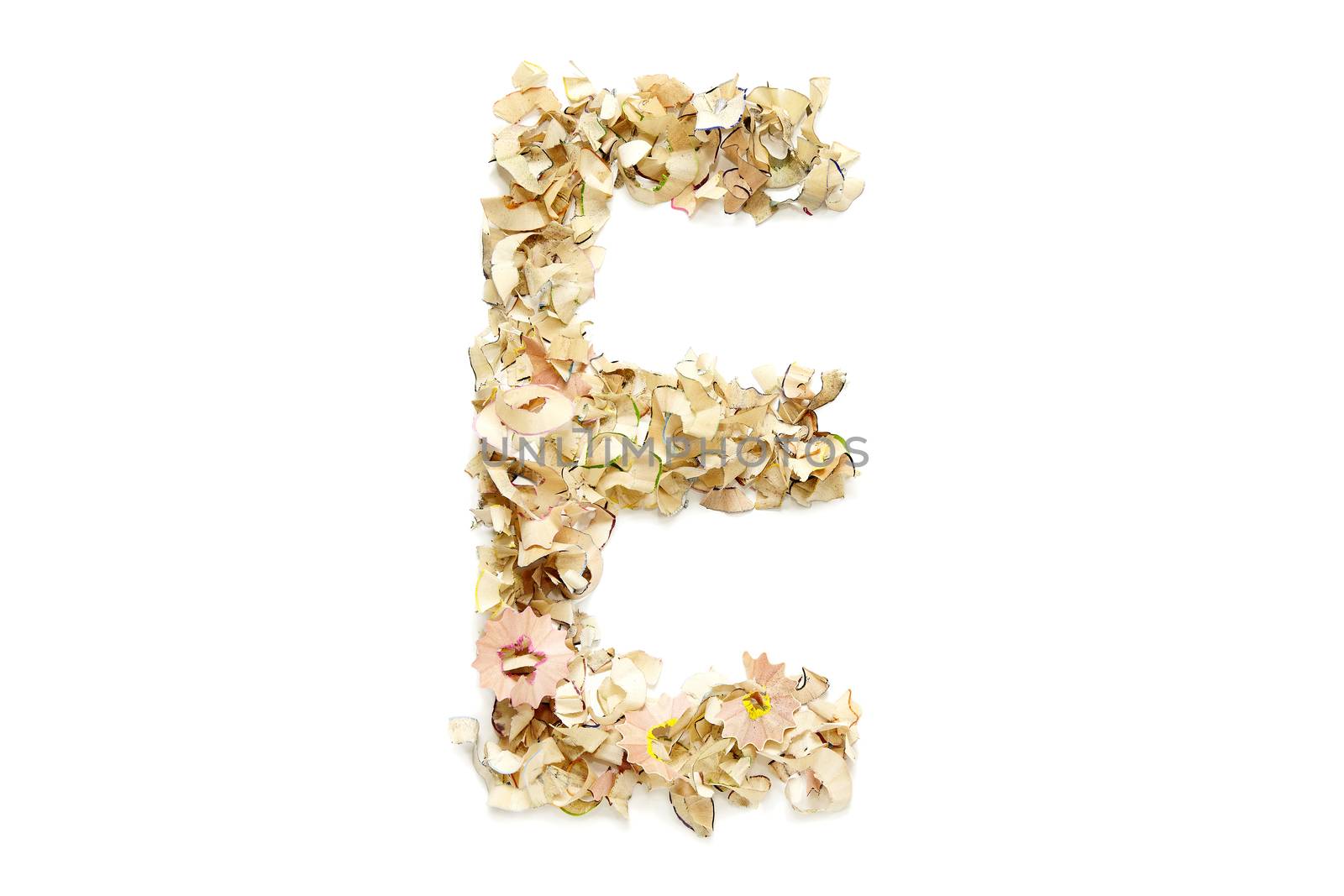 Letter E made from coloured pencil shavings for use in your design.