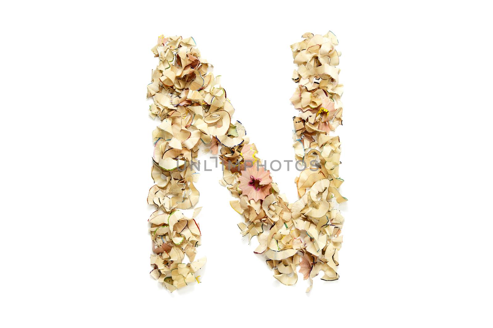 Letter N made from coloured pencil shavings for use in your design.