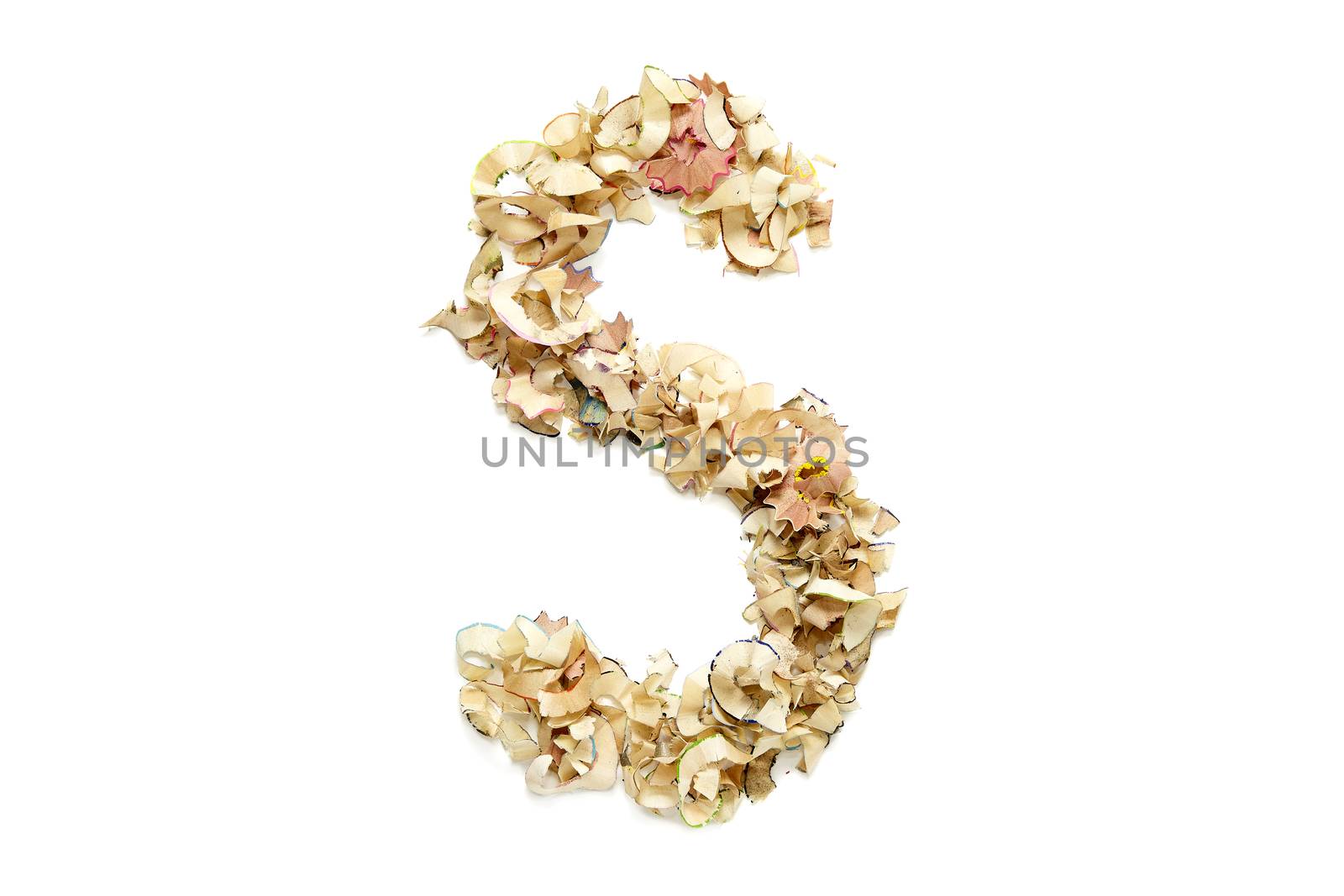 Letter S made from coloured pencil shavings for use in your design.