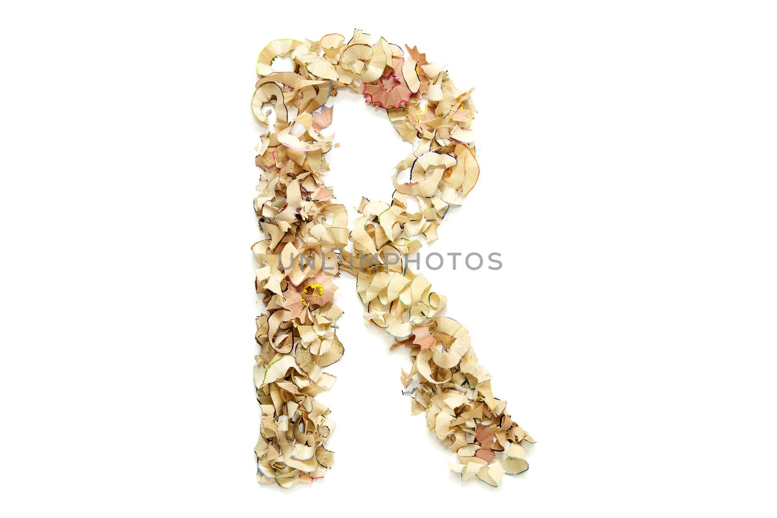 Letter R made from coloured pencil shavings for use in your design.
