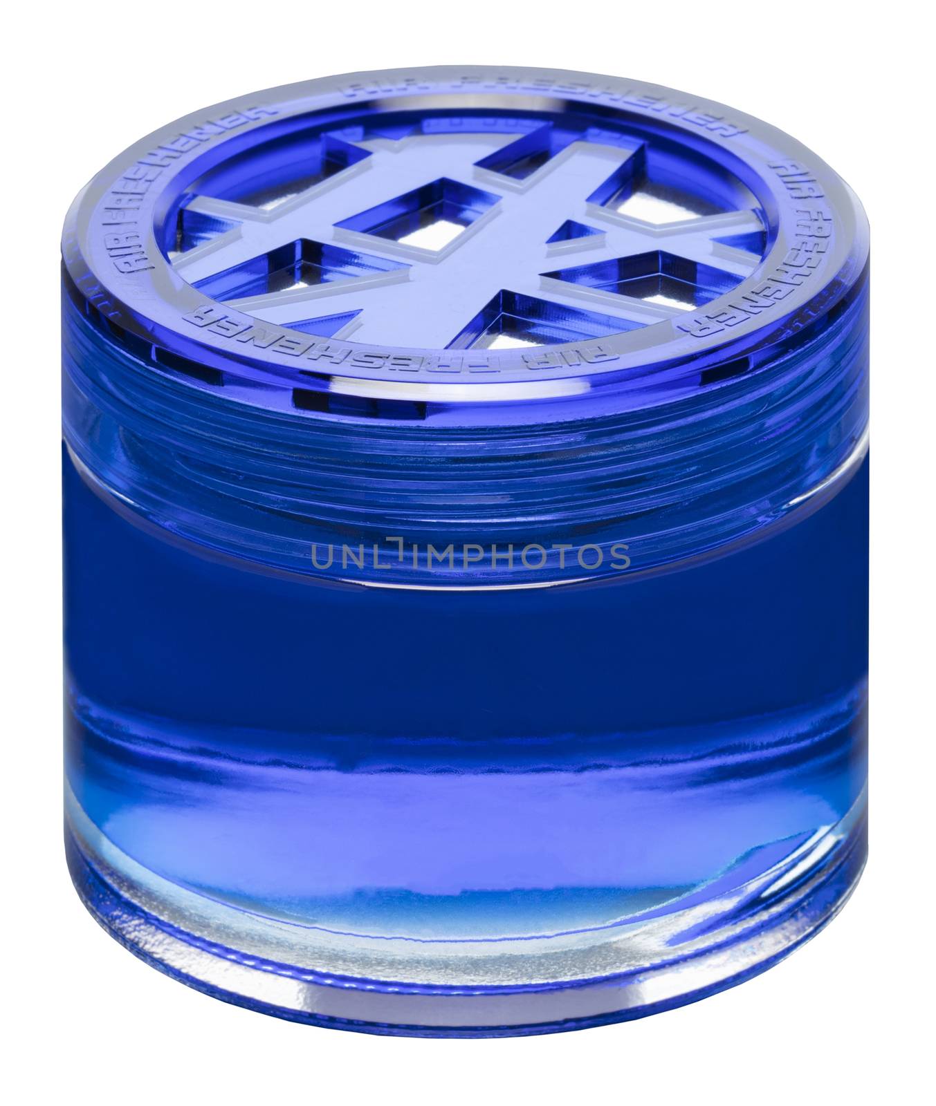 Bottle of air freshener blue in the original packaging isolated on white background, close-up.