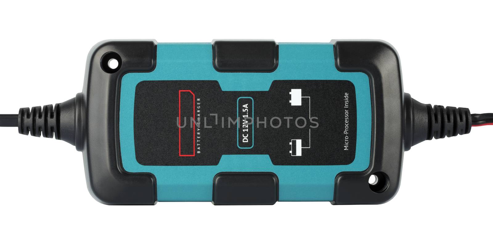 High frequency automotive charger of turquoise color, isolated on white background, full face