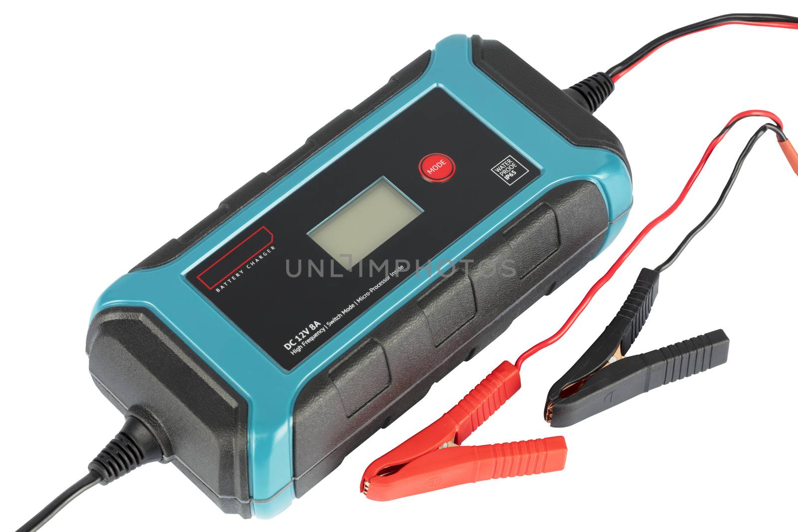 High frequency automotive charger of turquoise color with clips, isolated on white background, 3D rendering