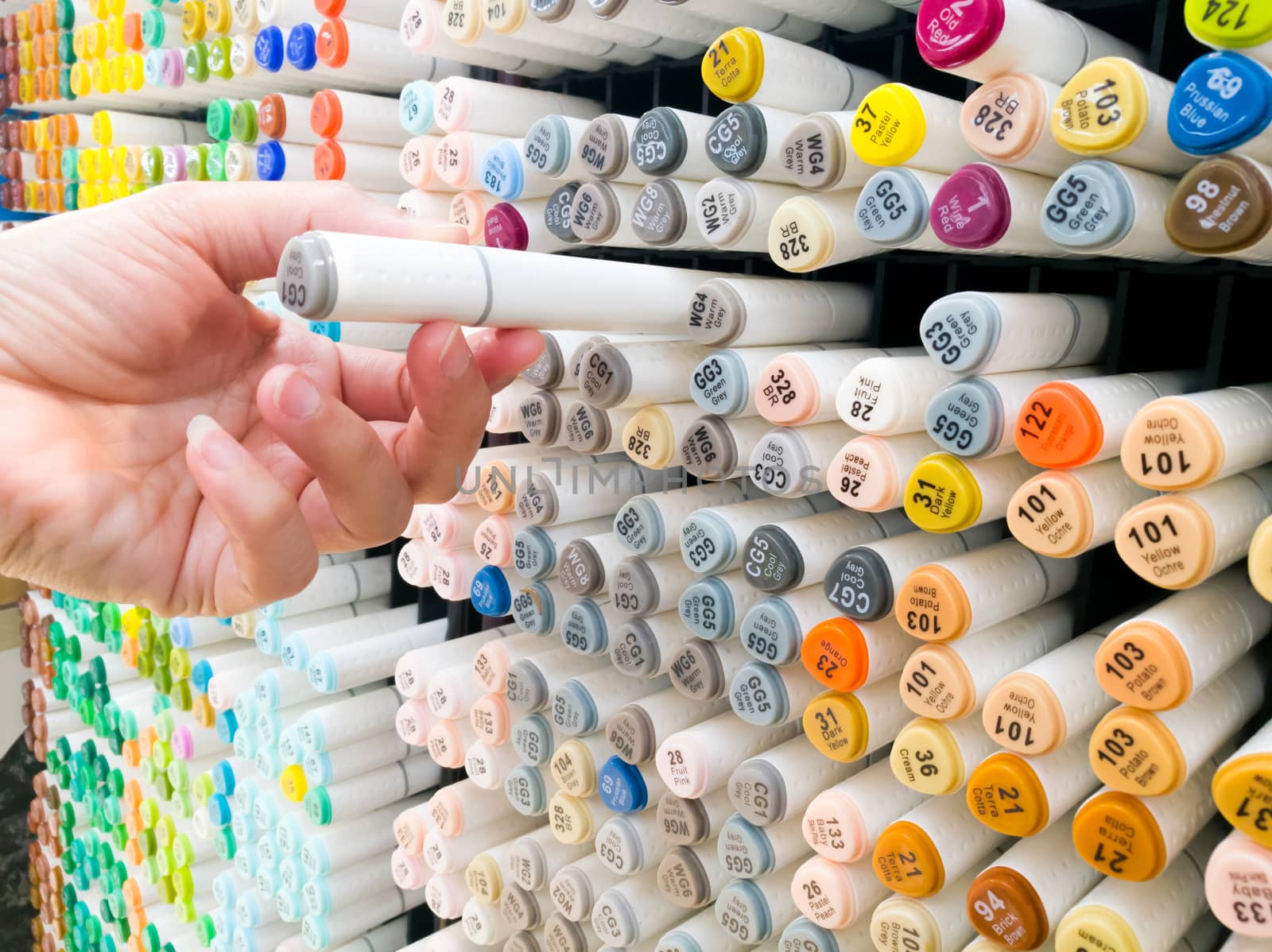 focus on women hand select the color pen on the shelf at stationery shop